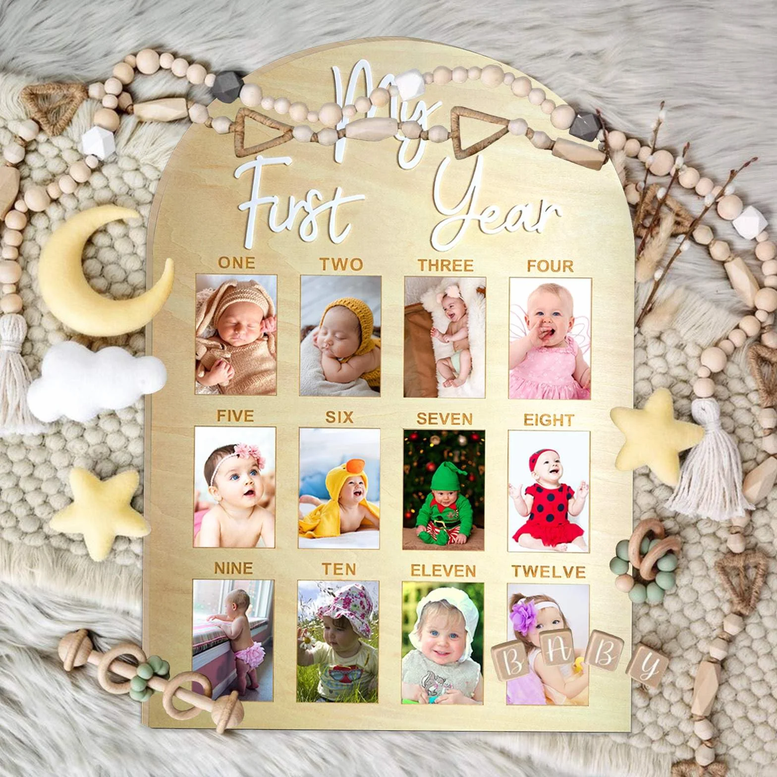 Tableau photo bois My First Year Milestone Cadre 12 mois Décoration 1er anniversaire Cadeau bébé