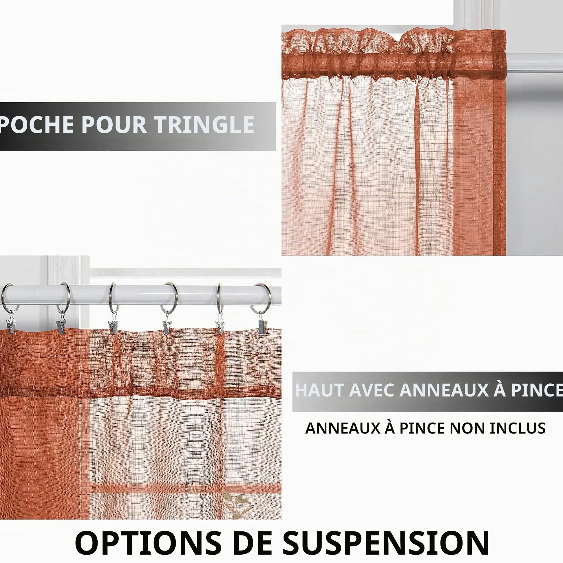 Lot de 2 Rideaux Semi-Transparents en Lin synthétique avec Passe-Tringle pour Chambre à Coucher et Chambre à Coucher (Terre Cuite) – 213 x 213 cm de Long – Orange brûlé