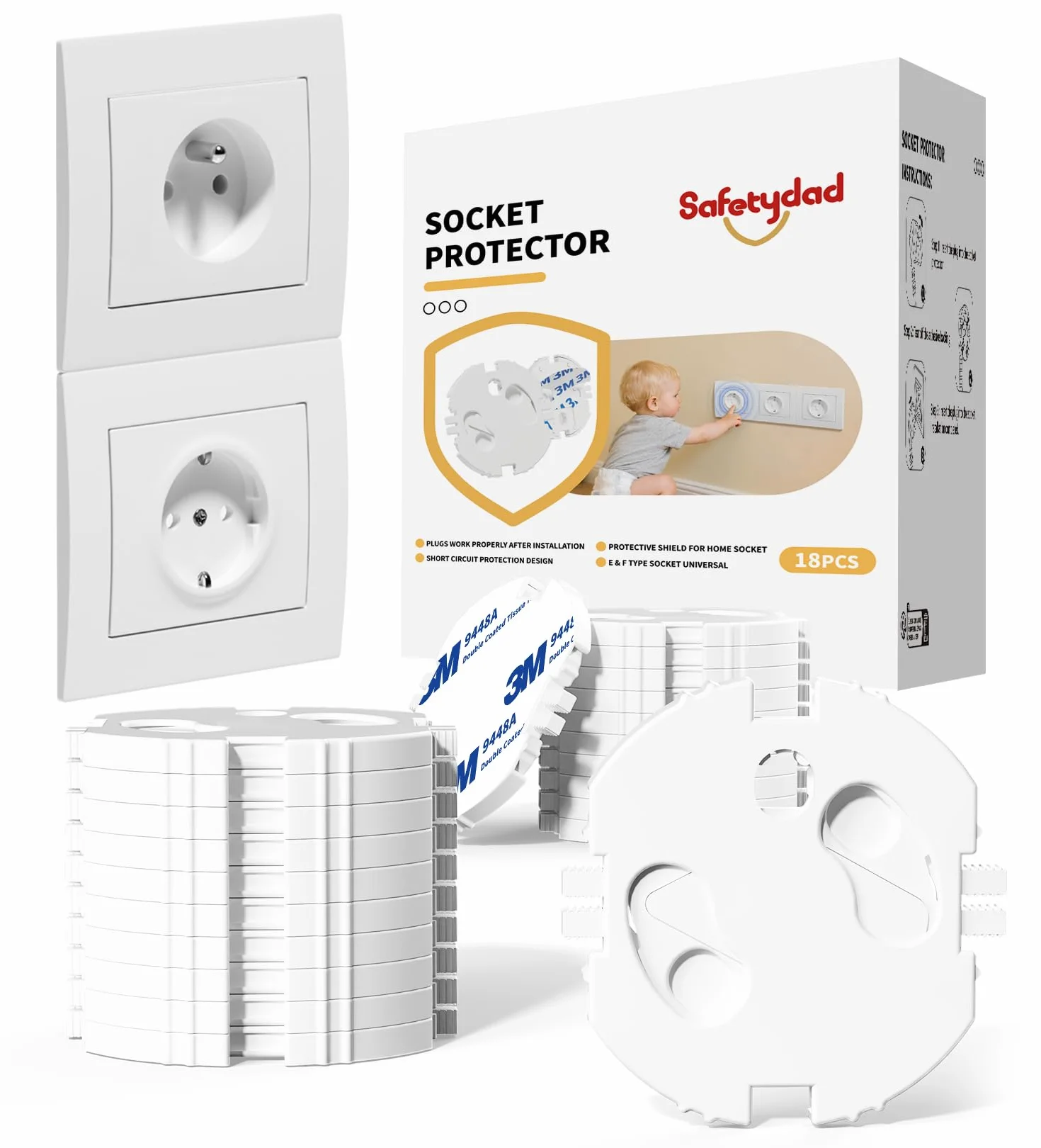 Cache Prises Bébé Lot de 18 Sécurités Enfant Type E/F avec Adhésif 3M Protection Bébé Animaux