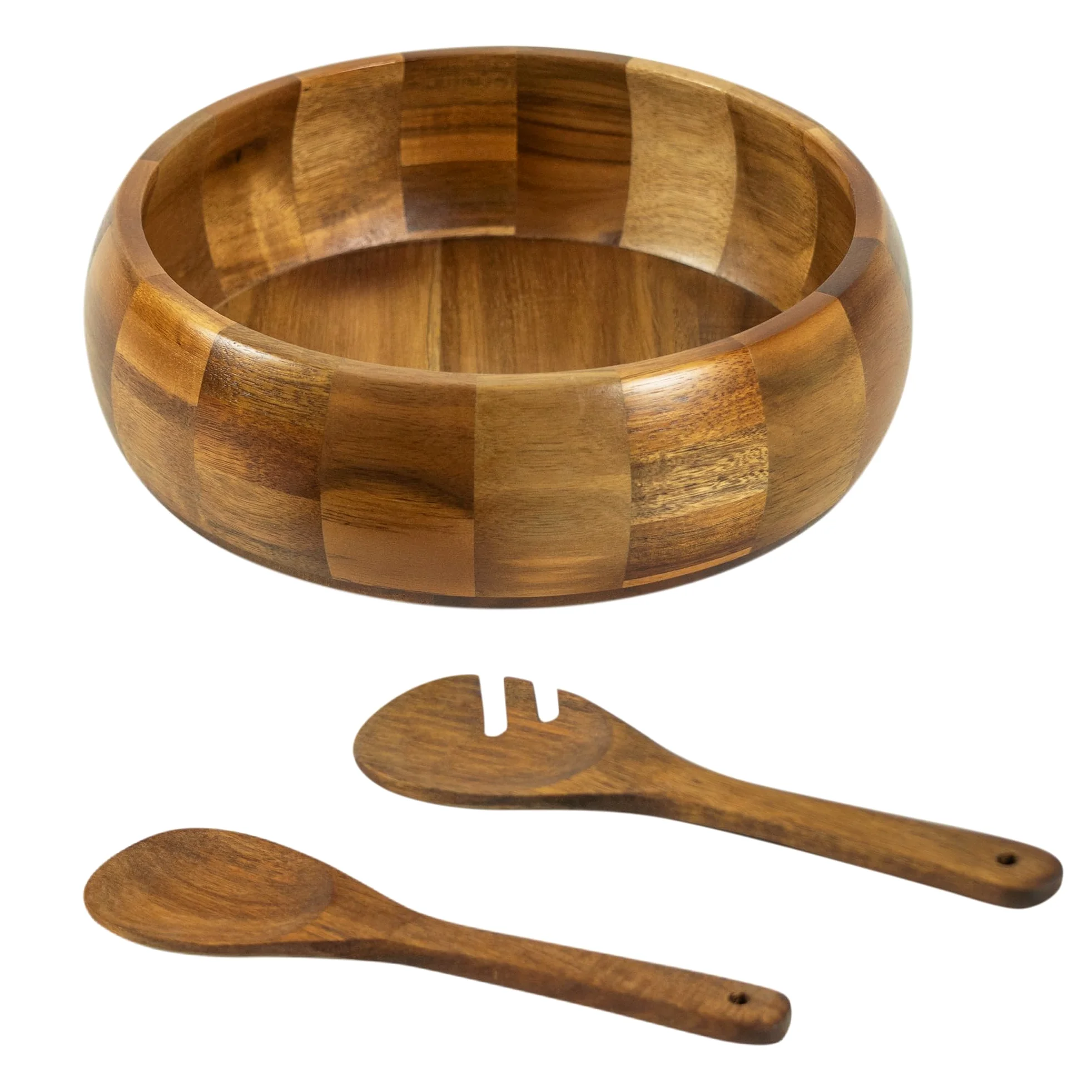VaeFae Saladier en Bois d'Acacia avec Couverts à Salade | Saladier en Bois de 25,5 cm avec Cuillère et Fourchette Ajourée de 28 cm pour Mélanger et Servir