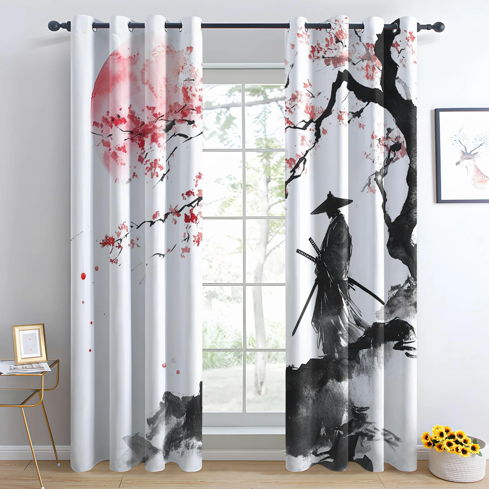 Rideau Occultant Japonais - Décoration Japonais, Rideau Thermique Motif Fleur de Cerisier Samouraï, Lot de 2 Rideaux Opaque à Oeillets pour Fenetre Chambre Salon, 140x240 cm (LxH)