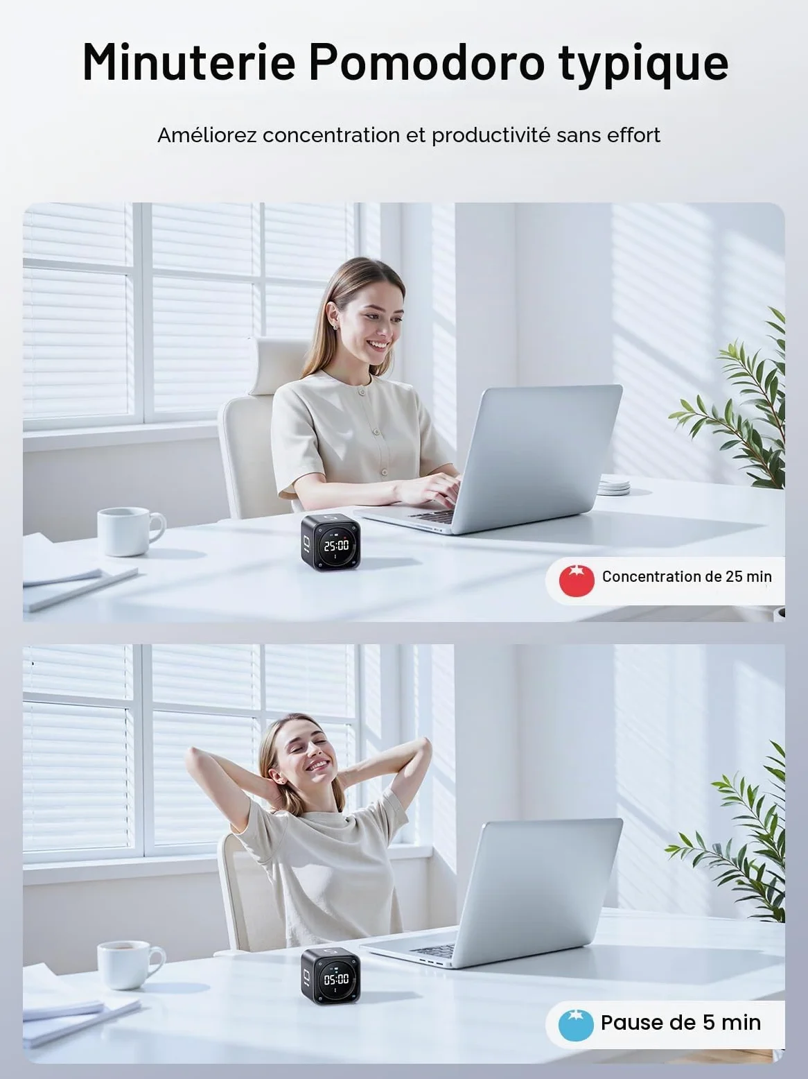 Ticktime TK3 Pomodoro Timer pour Étude, Travail, Tâches, TDAH, Cuisine | Pomodoro Timer, Flip 5/10/30/60 min Countdown, Custom Timer & Chrono, 3 Options Rappel, Écran Clair, 3 Alarmes Réglables