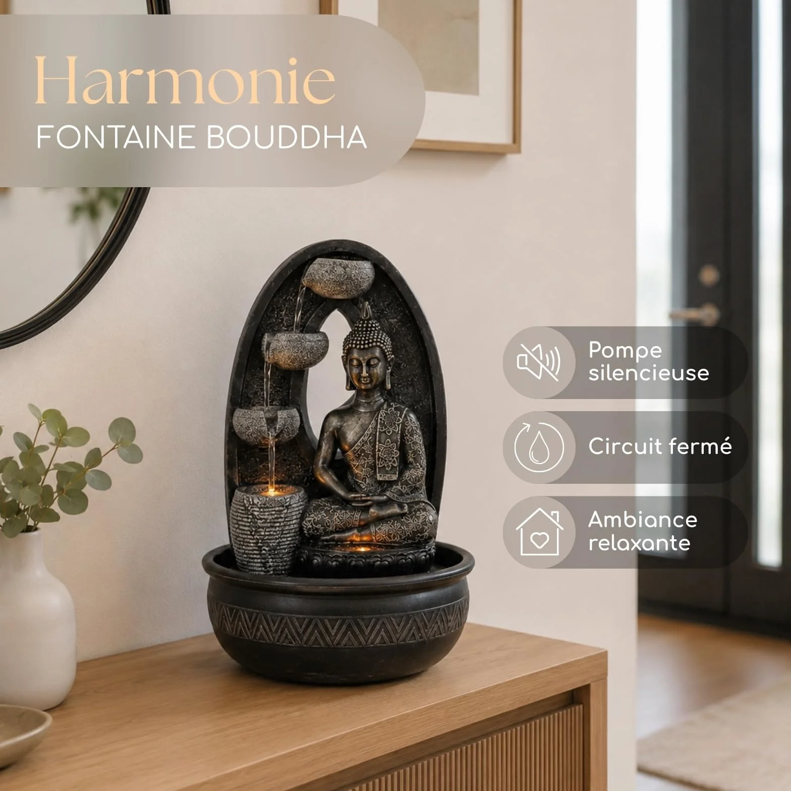 Fontaine d’Intérieur Bouddha Harmonie 40cm avec Éclairages LED et Pompe Silencieuse