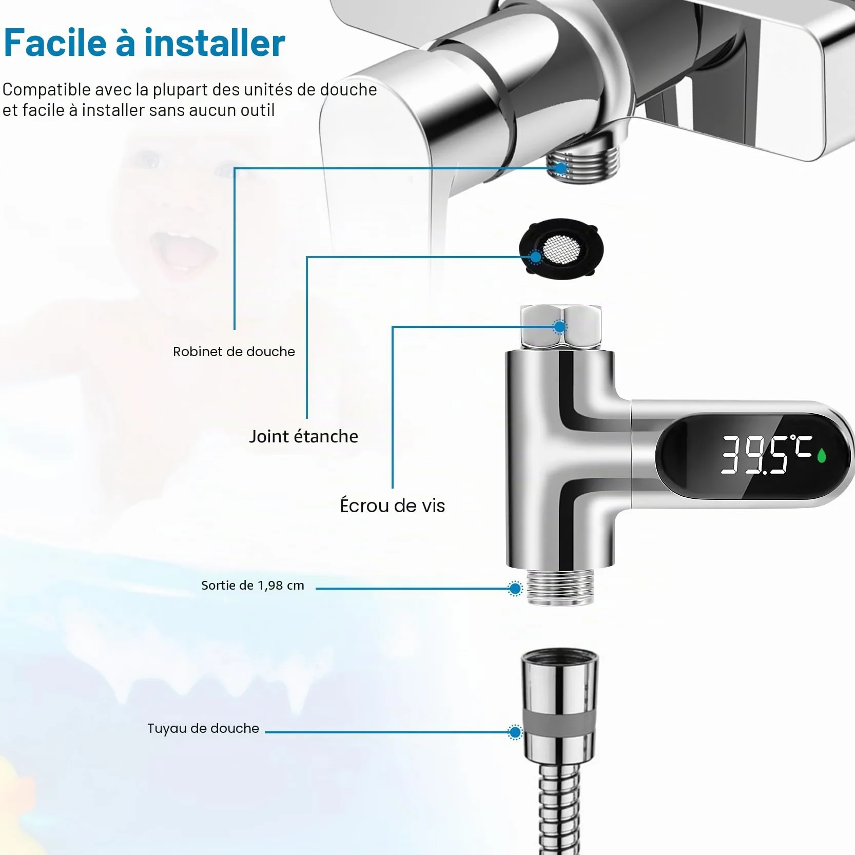 Thermomètre de bain LED auto-générateur pour douche
