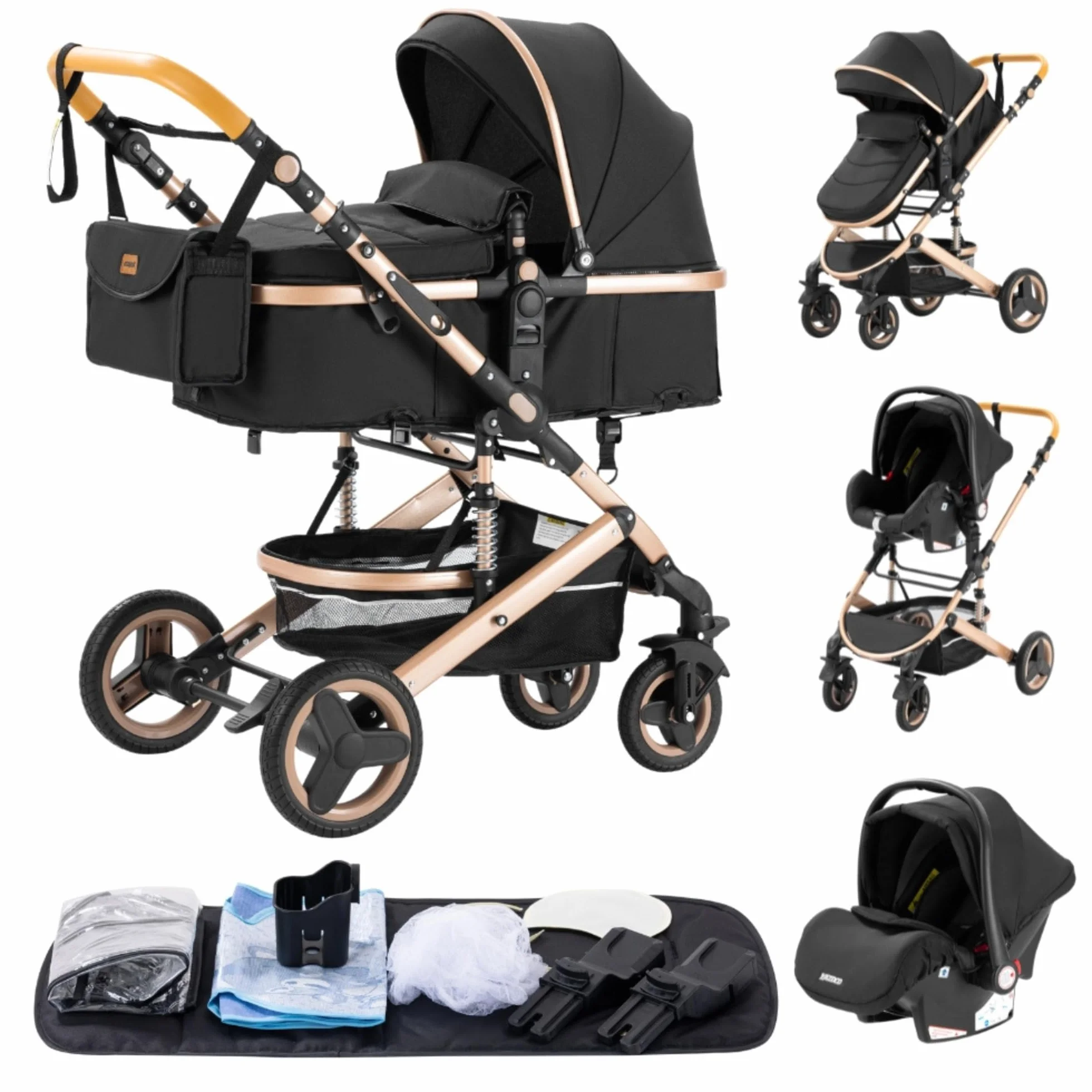 Poussette 3 en 1 Combinée Bébé Réversible, Cadre Aluminium Léger, Pliage Rapide