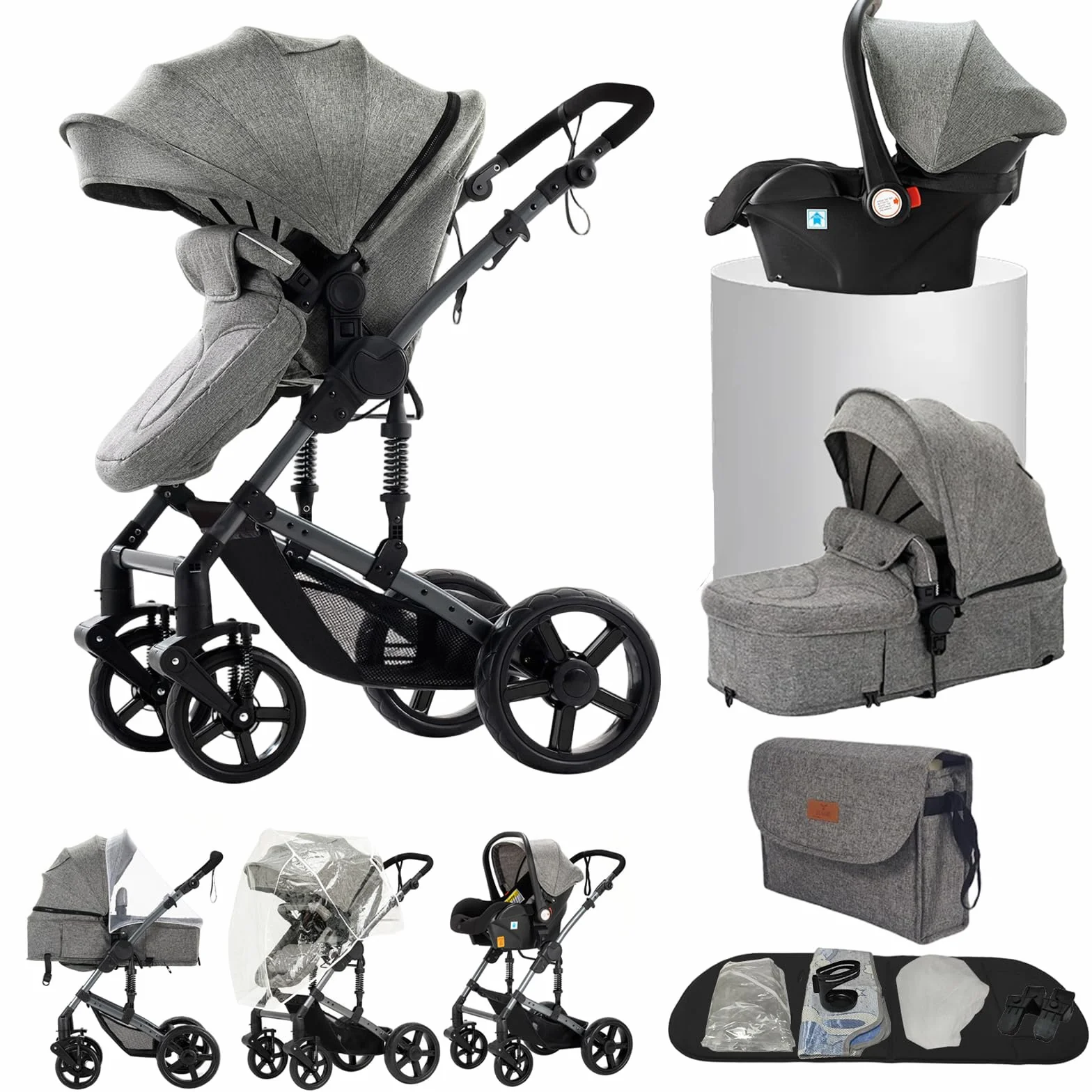 Poussette 3 en 1 bidirectionnelle nacelle cosy capote incluse Gris