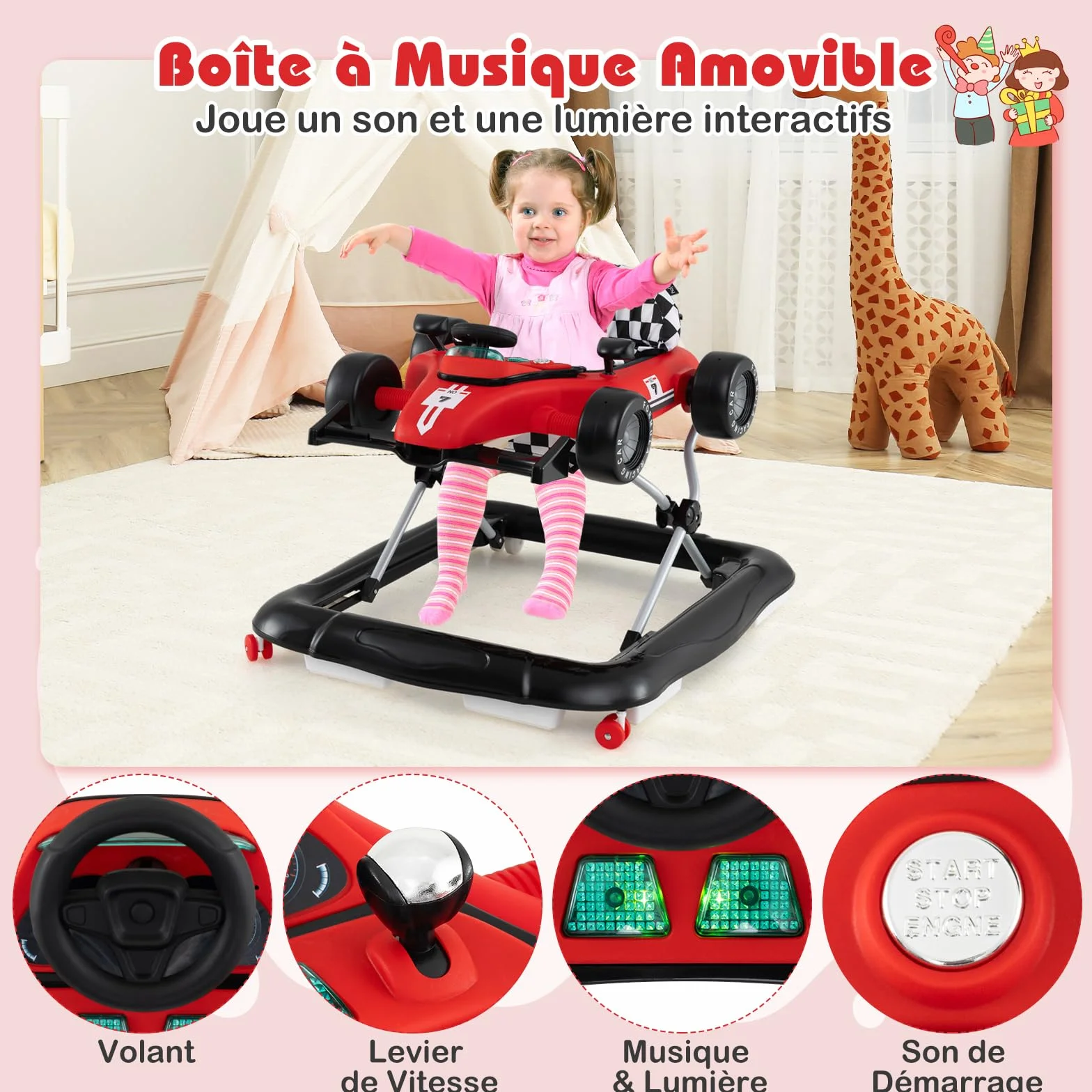 COSTWAY Trotteur Bébé Garçon Fille 3 Hauteur Réglable Pliable Évolutif Boîte à Musique Amovible Volant Roues Silencieuses Charge 12kg 6-18 Mois