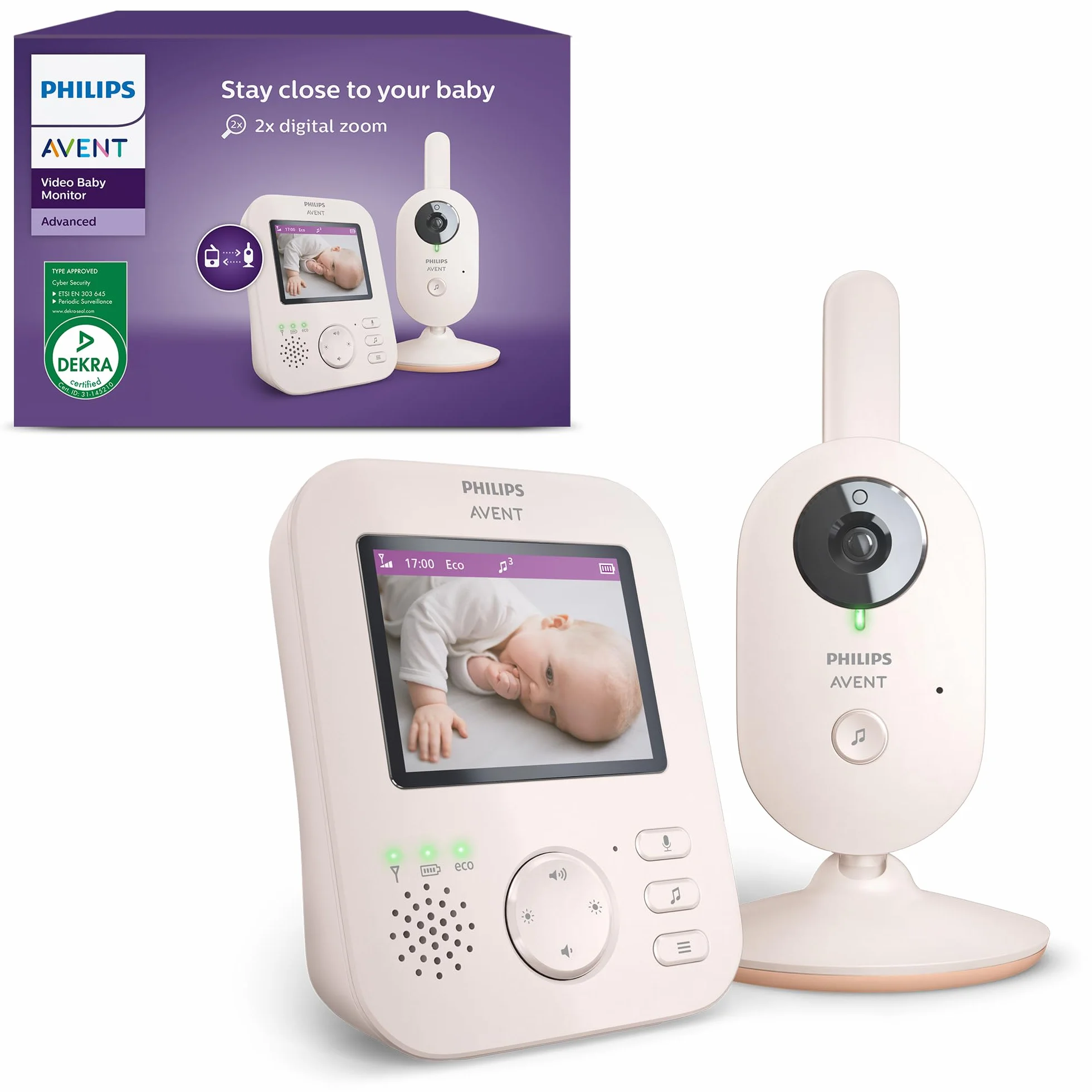 Philips AVENT Babyphone vidéo Advanced SCD881/26, écran 2,8", Zoom x 2, Vision Nocturne, Audio bidirectionnel, Corail/crème