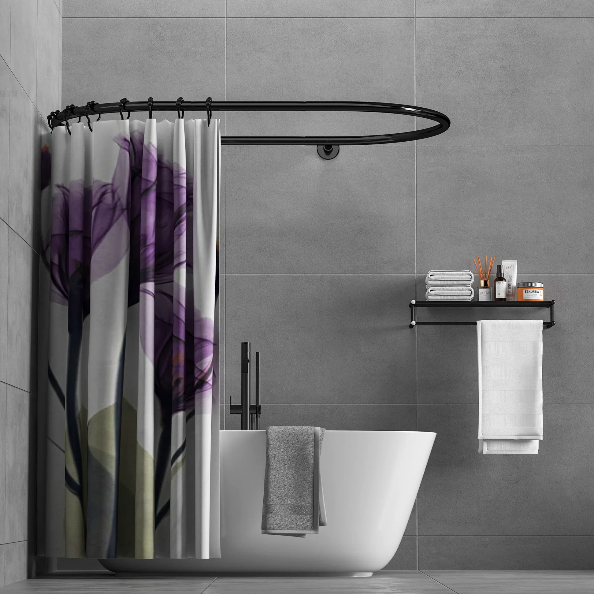 Tringle à rideau de douche ovale en alliage d'aluminium de forme carrée pour baignoire sur pieds sur griffes (noir : L 140 cm, l 63,5 cm)