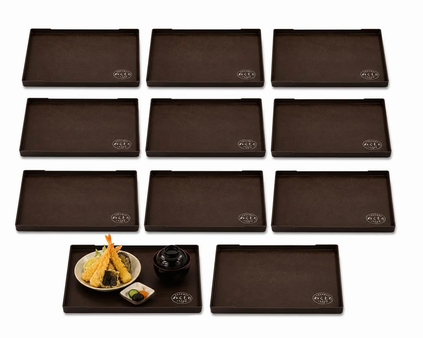 JapanBargain, Lot de 10 petits plateaux de service japonais en plastique laqué, plateaux à saké, assiettes à sushis, assiettes à goûter, fabriquées au Japon, marron, 25,4 x 15,9 cm