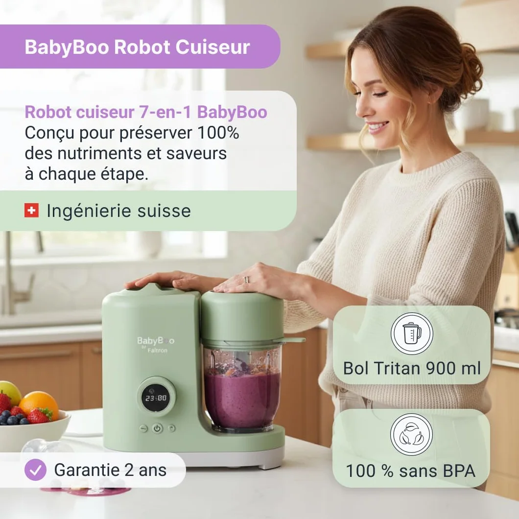 BabyBoo Robot Pappa 7-en-1 Cuisson vapeur mixage 20 min 300 W chauffe-biberon stérilisateur verre Tritan acier inoxydable écran digital