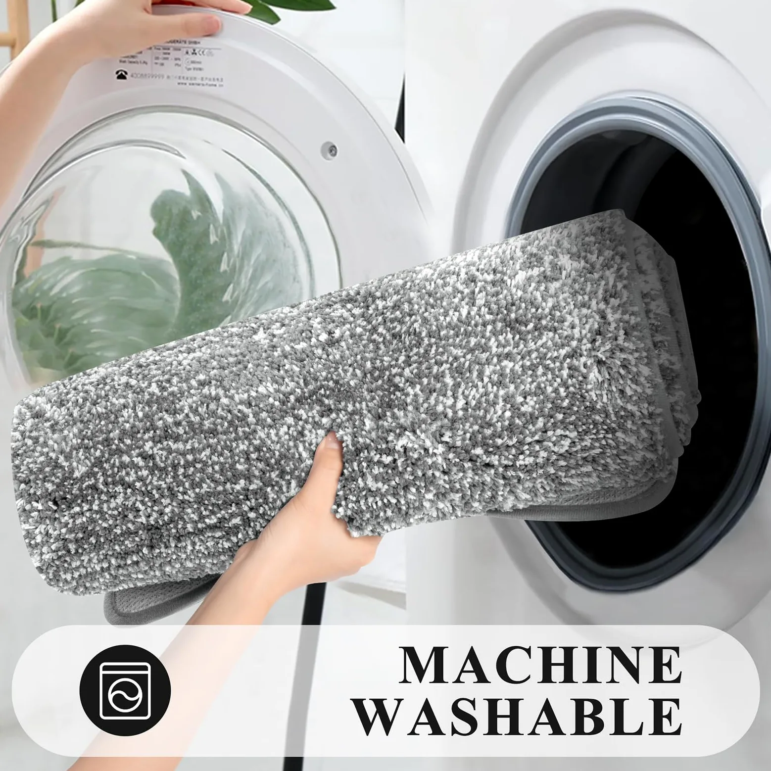 Pauwer Lot de 3 tapis de salle de bain à poils longs avec contour en forme de U et peluche absorbante, en microfibre absorbante, lavable en machine, gris