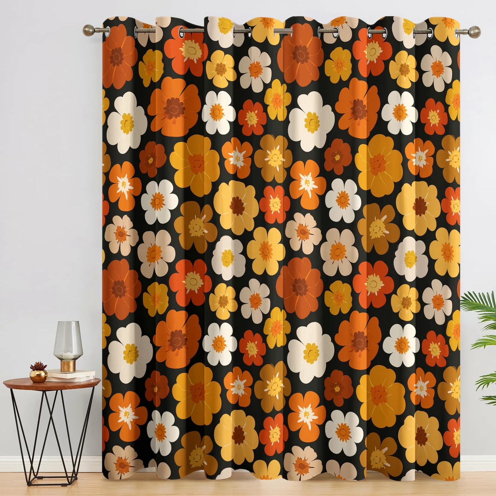 Rideau Hippie Occultant Motif Fleur Orange Jaune Retro Années 70 Rideaux Chambre Salon Cuisine Fenêtre 140 x 245 cm, Oeillets Rail Rideaux Occultants Thermique