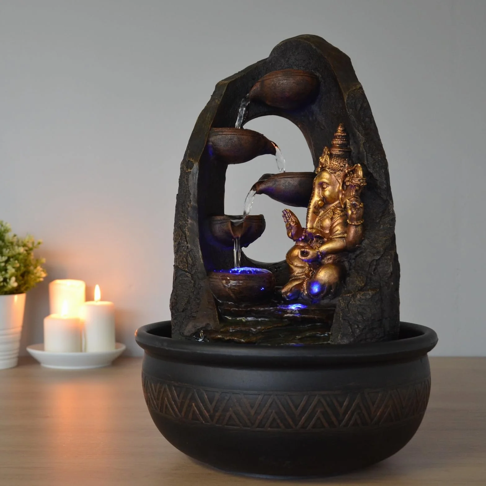 Fontaine d'Intérieur Bouddha Ganesh avec Lumière LED Colorée Feng Shui Zen H 40cm Mystic Zen'Light