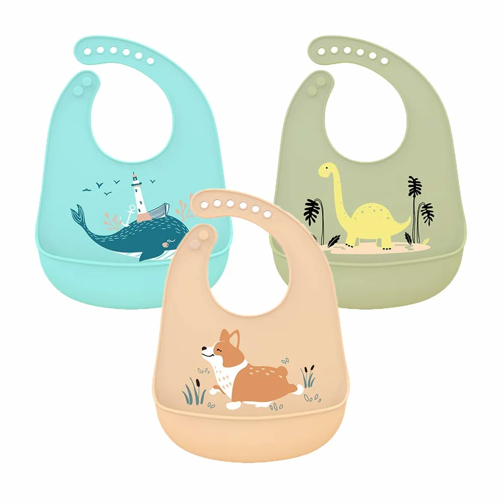 Atopo Lot de 3 Bavoir en Silicone d'alimentation étanche avec Ramasse-miettes pour Tout Petits Vert