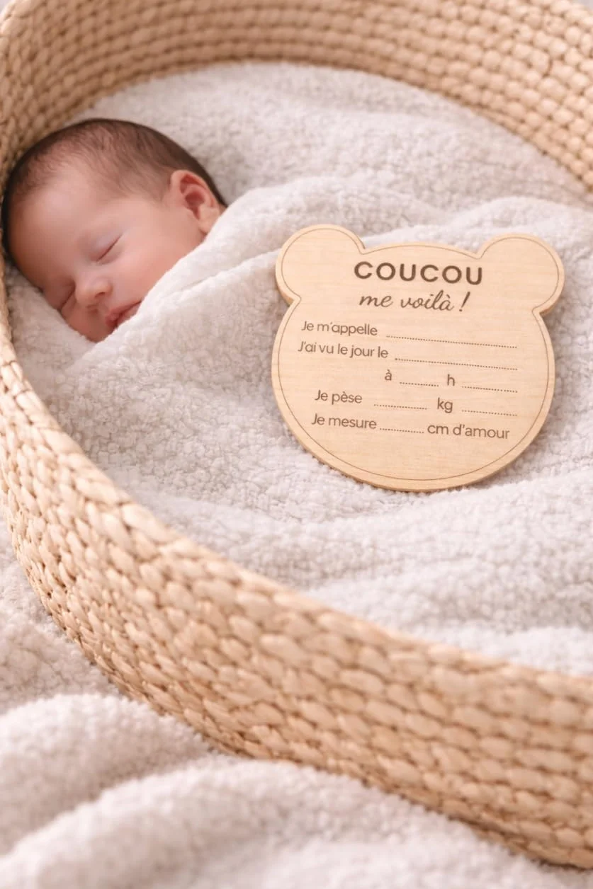 Carte bienvenue annonce naissance prénom bébé en bois - Disque prénom bébé date heure poids taille - Pancarte photo nouveau-né souvenir maternité