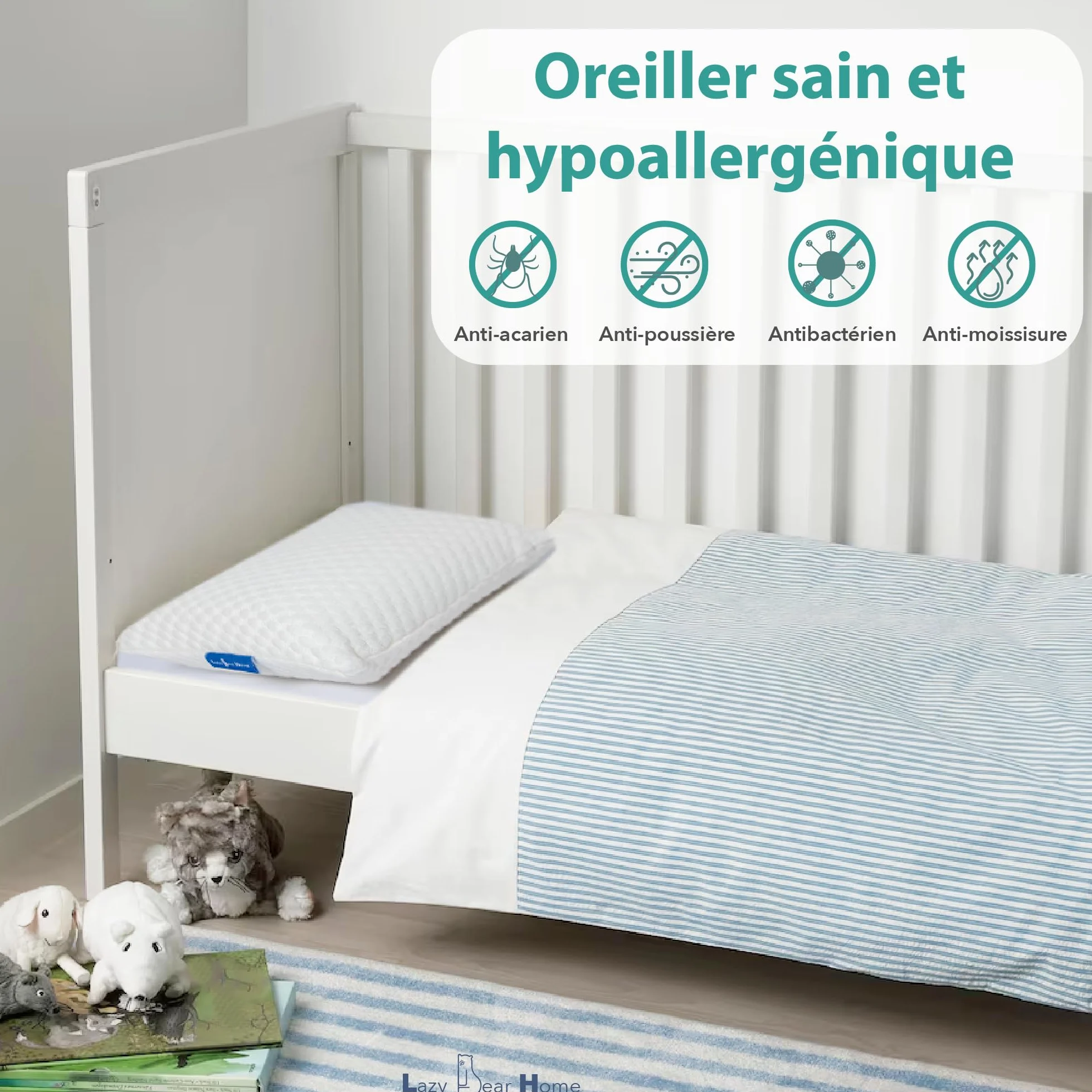 Oreiller Memoire Forme Enfant 2 Ans+ Ergonomique Cervical Sécurisé Hypoallergénique Certifié Oeko-TEX 49x27x7cm