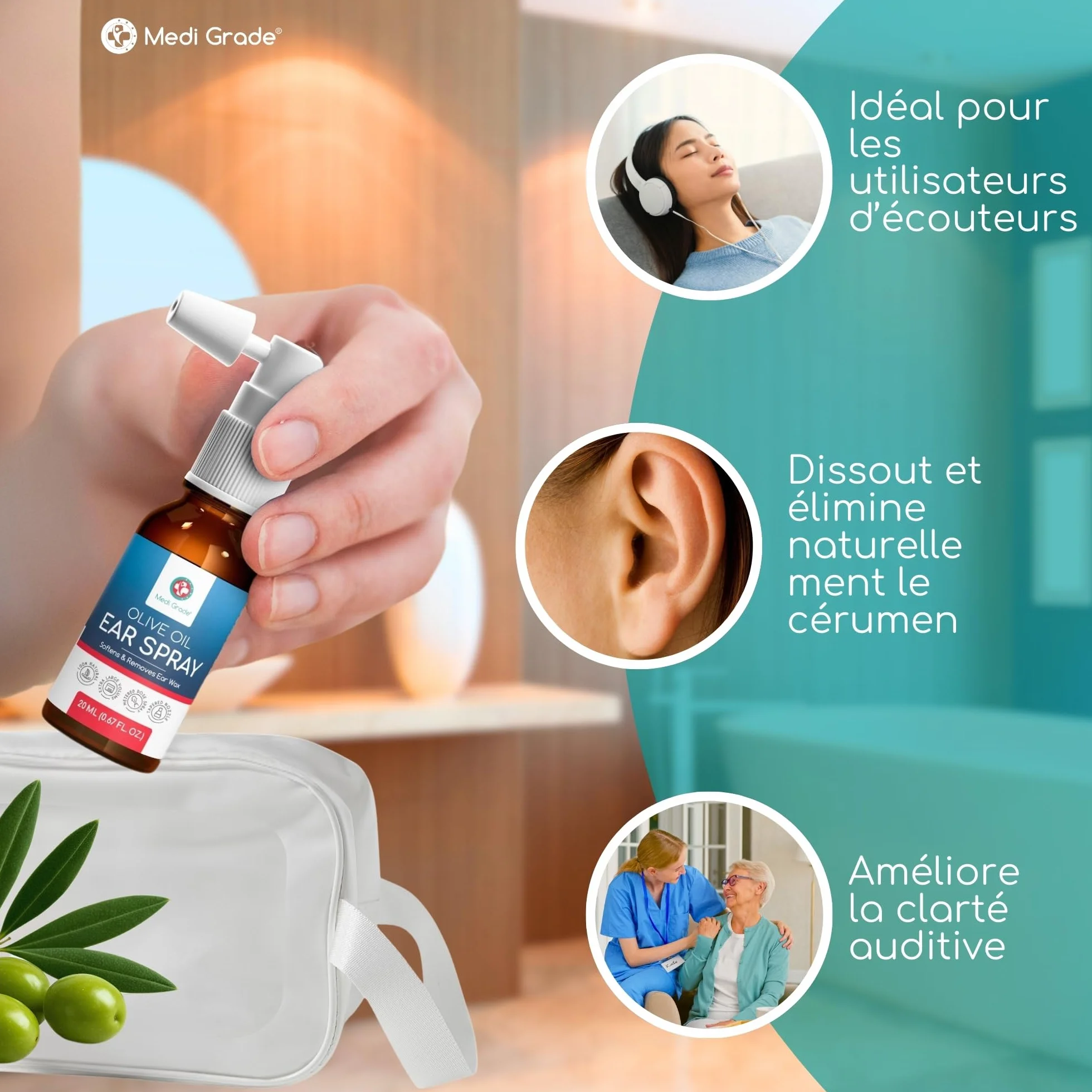 Medi Grade Spray d'Huile d'Olive pour Oreilles Bouchées 20ml – Nettoyant Auriculaire 100% Naturel