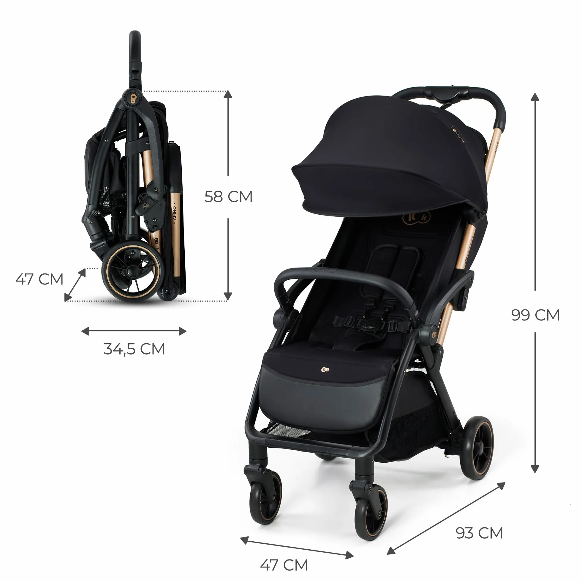 Kinderkraft APINO Poussette Légère 7,5 kg Pliage Automatique Auto Folding Noir
