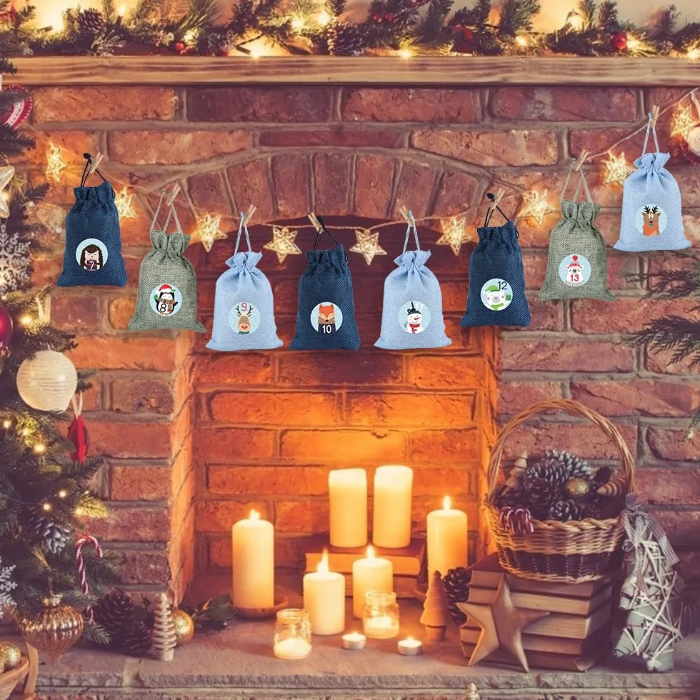 Calendrier de l'Avent à Remplir Sac en Tissu Jute, Sacs Surprise de Noël