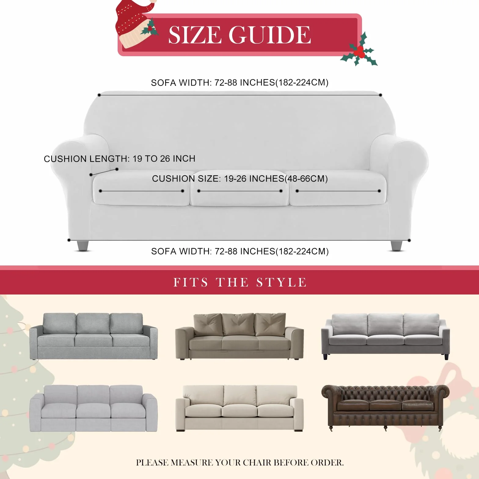 Lot de 4 Housses de Canapé 3 Places Noël Élastiques Extensibles Imprimées avec Accoudoirs Douces Antidérapantes Flocons de Neige