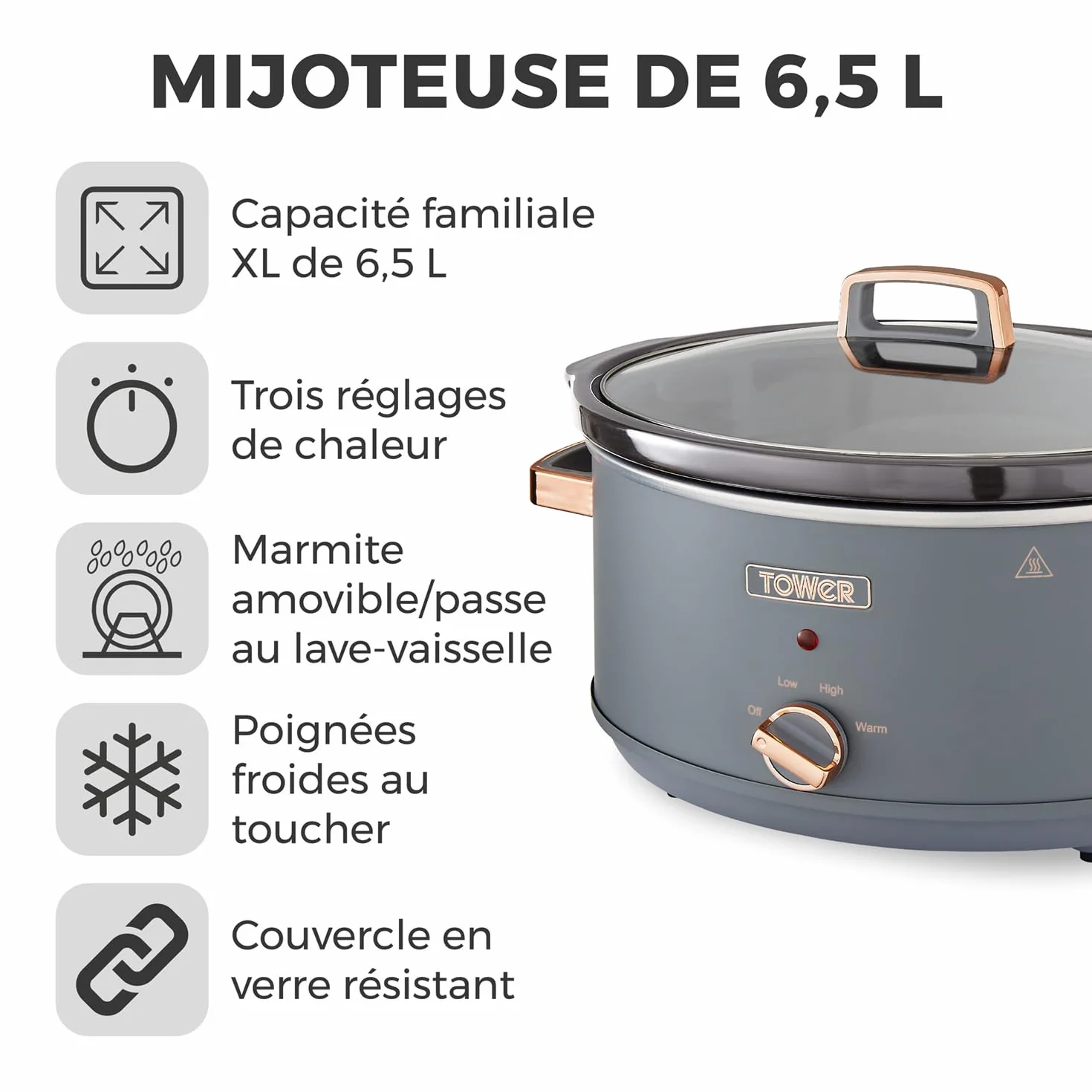 Tower Cavaletto Mijoteuse Électrique 6,5 L 3 Réglages de Chaleur Gris Or Rose