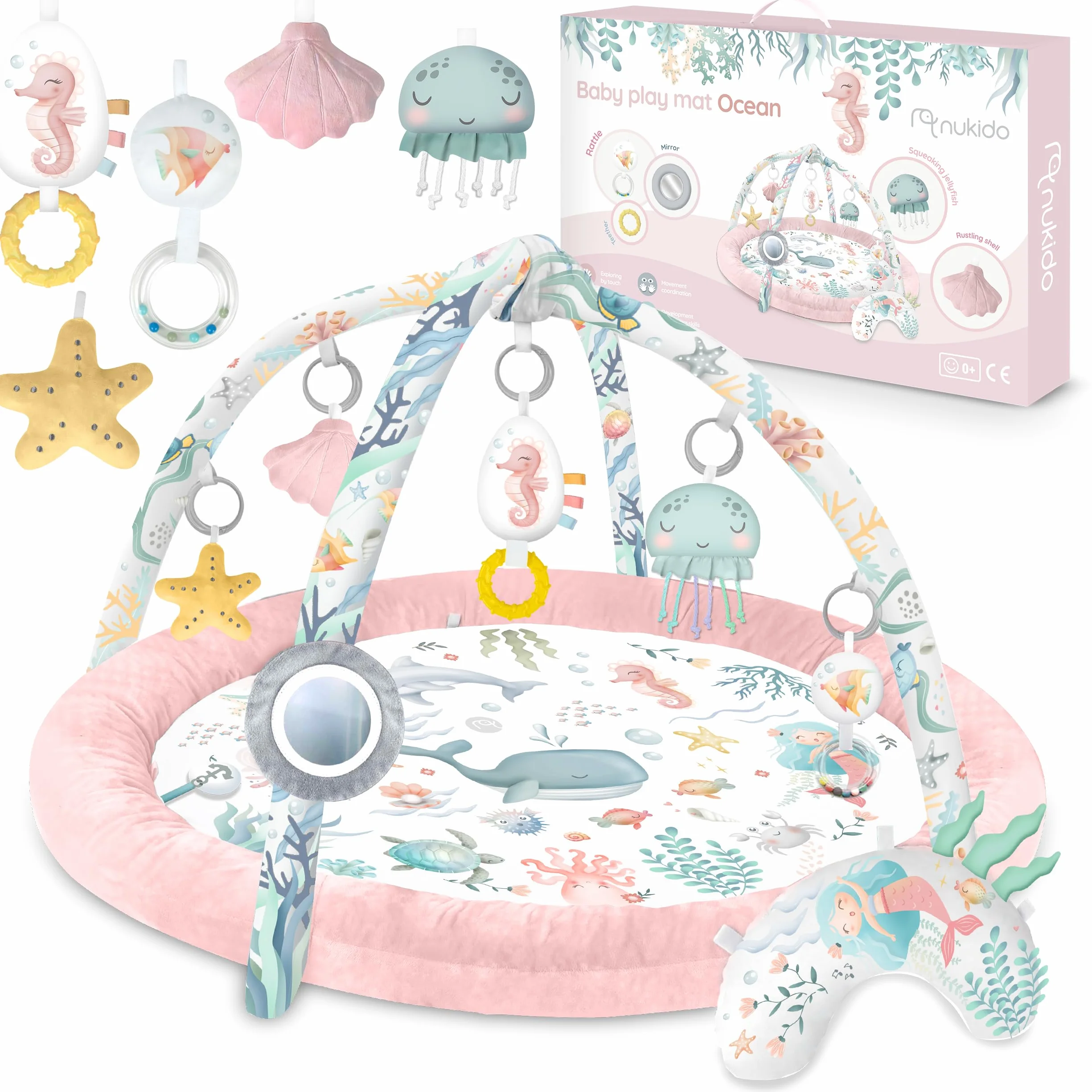 Nukido Tapis d'Éveil Bébé avec Arches Amovibles et 7 Jouets - Rose Océan
