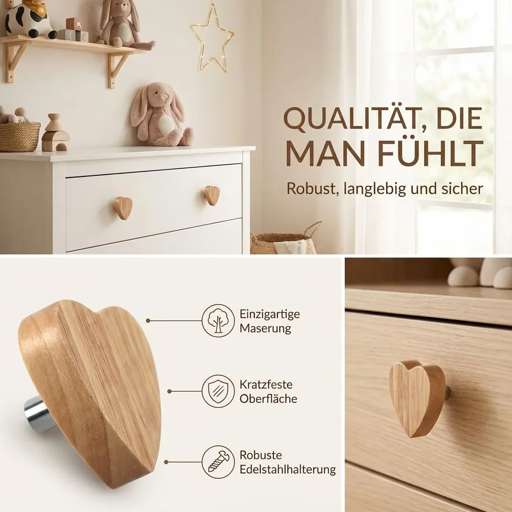 Lot de 12 boutons de meuble en bois en forme de cœur pour commodes