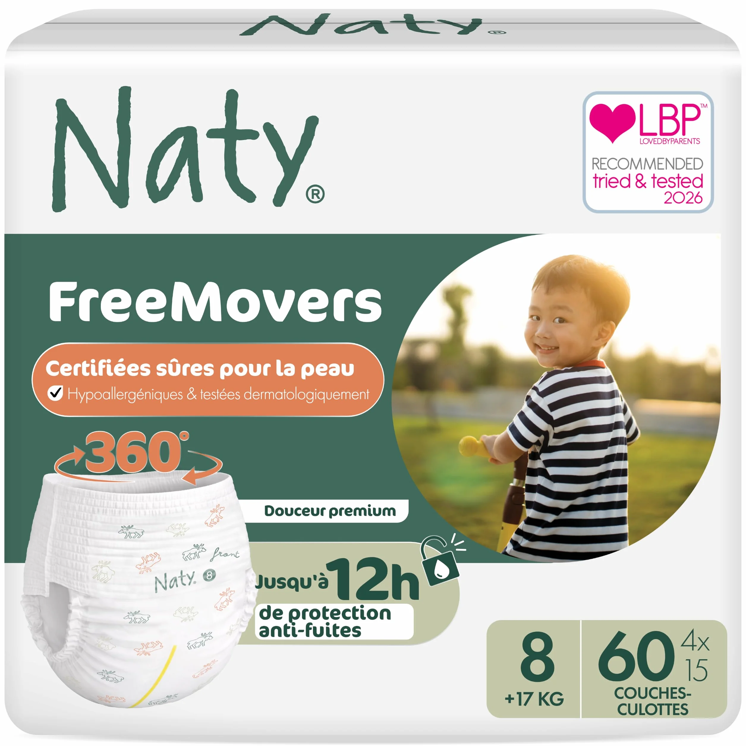 Naty FreeMovers Couches-Culottes Taille 8 (17+ kg) 60 Unités Anti-Fuites 12h Hypoallergéniques Peaux Sensibles
