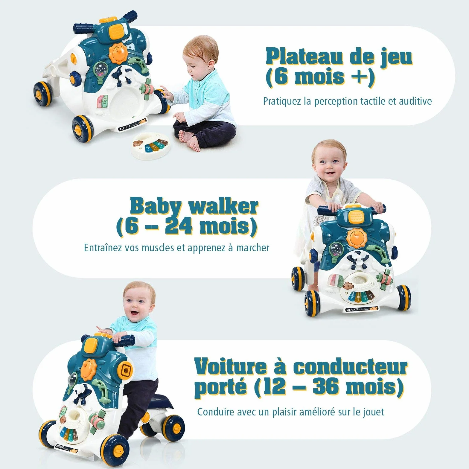 COSTWAY 3 en 1 Trotteur Bébé Évolutif avec Lumière et Musique, Voiture à Enfourcher Polyvalente, 6-36 Mois