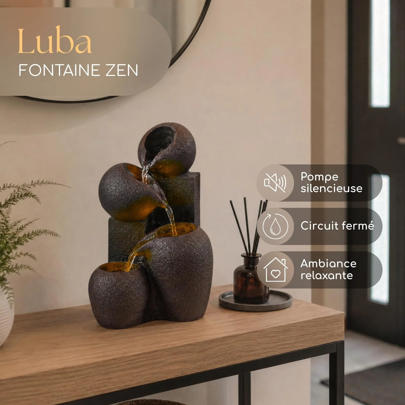 Fontaine d’Intérieur Cascade 4 Niveaux Effet Pierre Naturelle Lumière LED Coloré, H 25cm – Luba Zen’Light