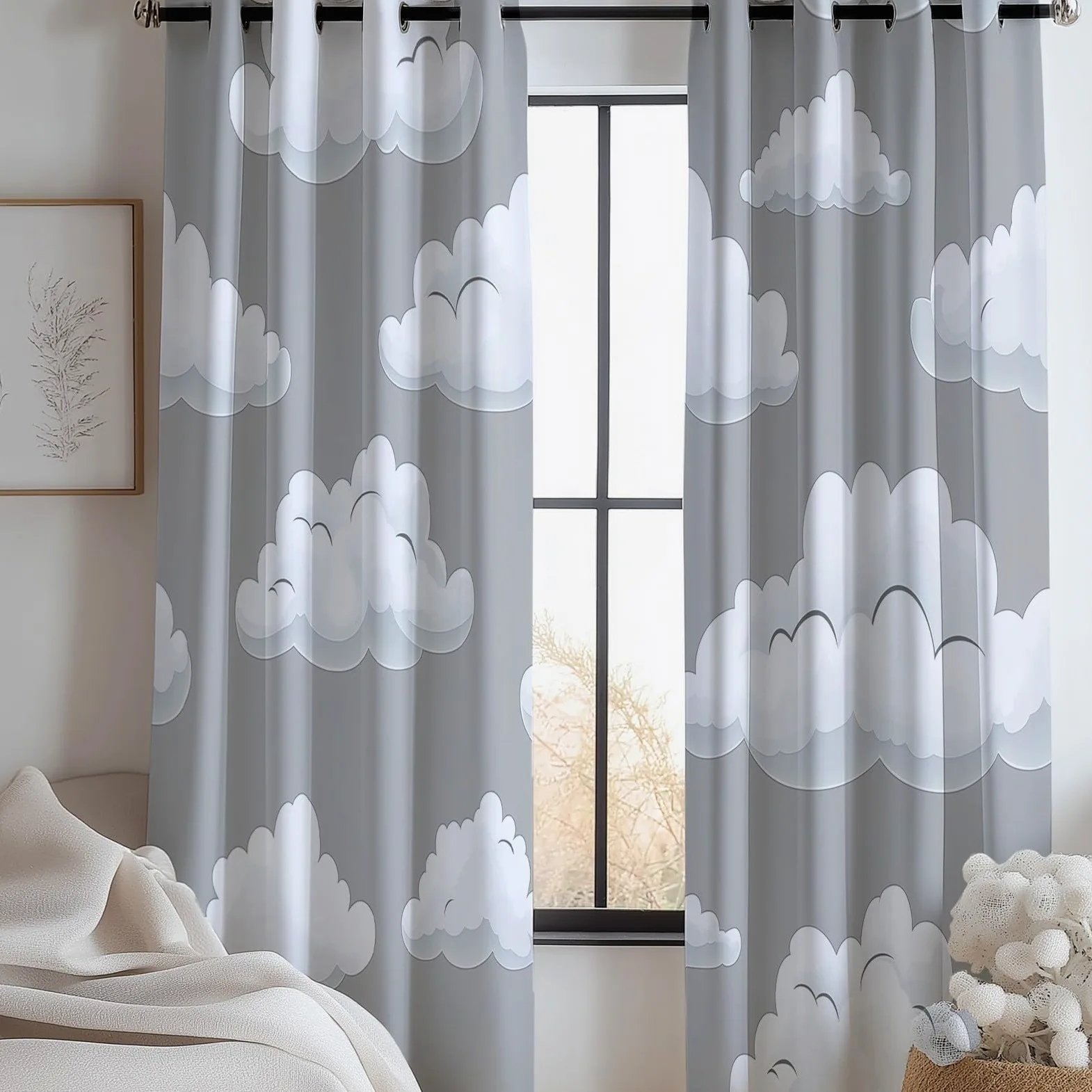 Générique Lot de 2 Rideaux 100% Occultants Gris, Rideaux de Fenêtre à Isolation ImpriméS à Nuages Rêve Simples pour Salon Chambre à Coucher Maison Bureau Draperies à Oeillets 110L x 215H cm
