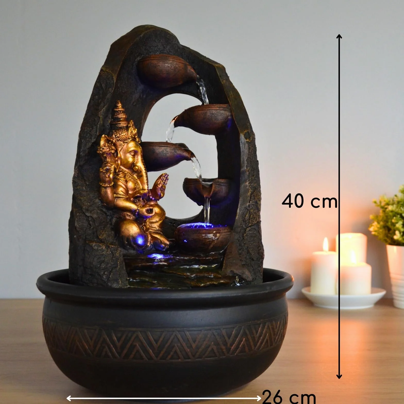 Fontaine d'Intérieur Bouddha Ganesh avec Lumière LED Colorée Feng Shui Zen H 40cm Mystic Zen'Light