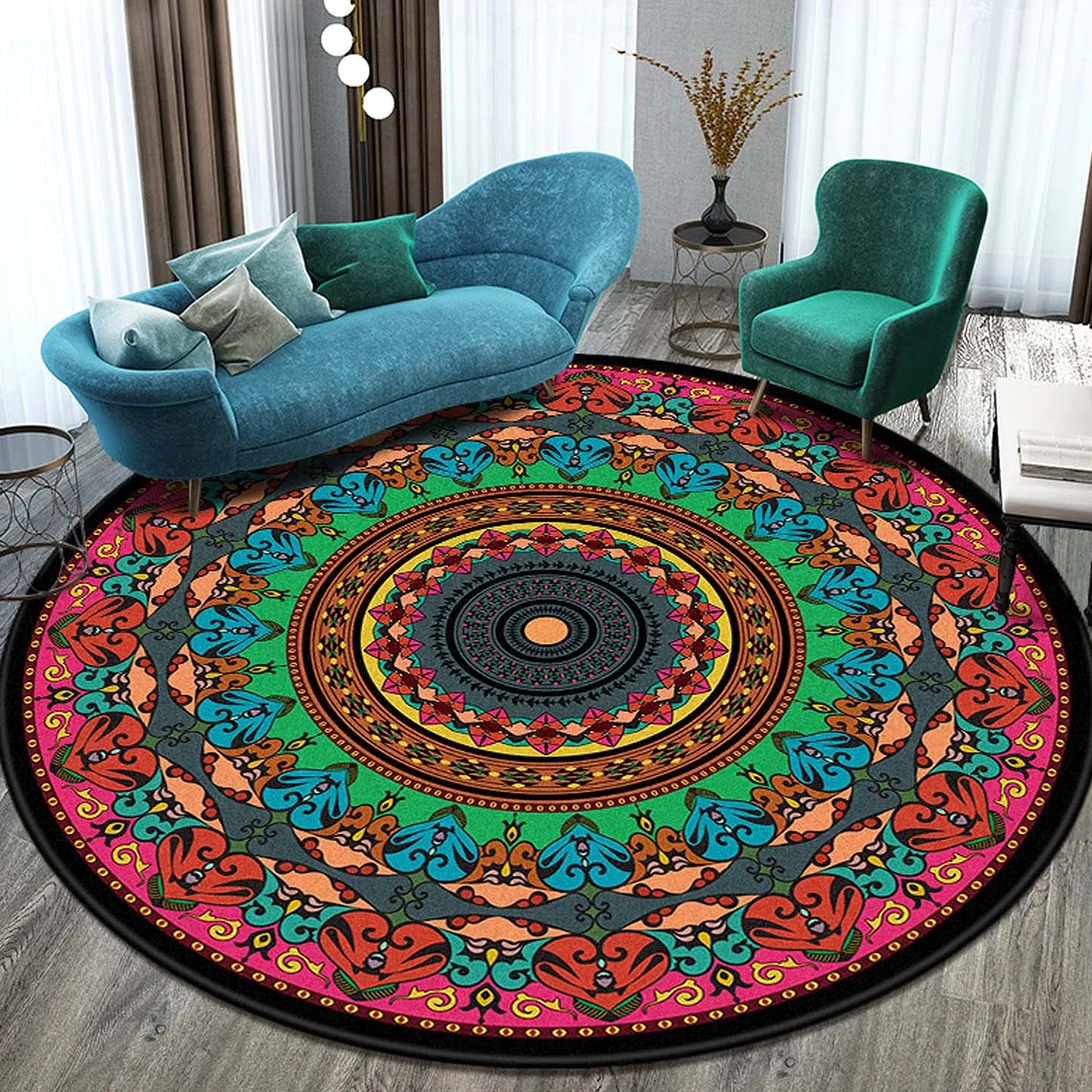 Dhao Tapis Rond Mandala Motif Bohême Moderne pour Salon Chambre à Coucher Cuisine Lavable Grands Antidérapant Tapis Diamètre: 160 cm