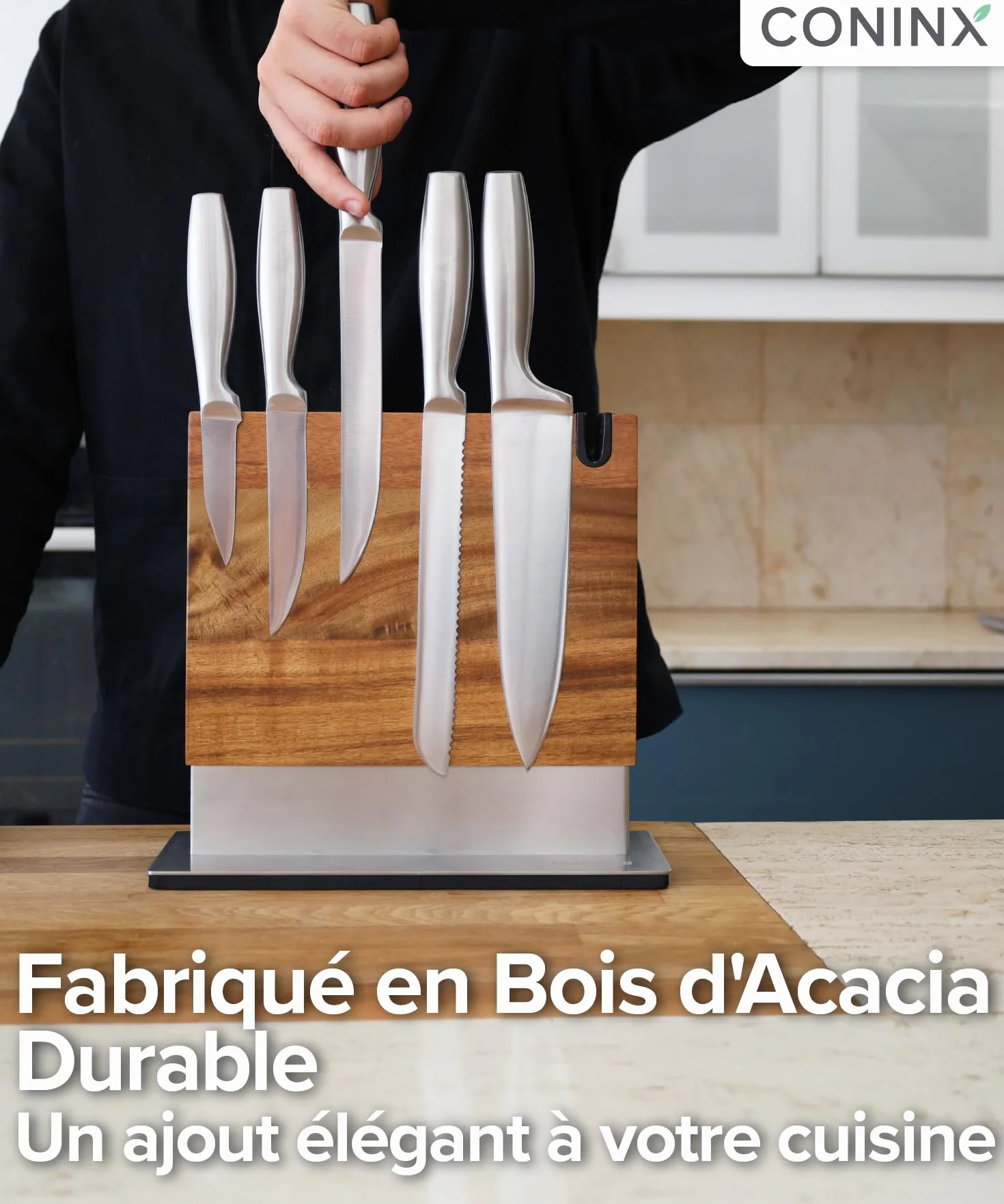 Coninx Bloc à Couteaux Magnétique avec Aiguiseur intégré – Porte-couteaux Aimanté Double Face en Bois d’Acacia