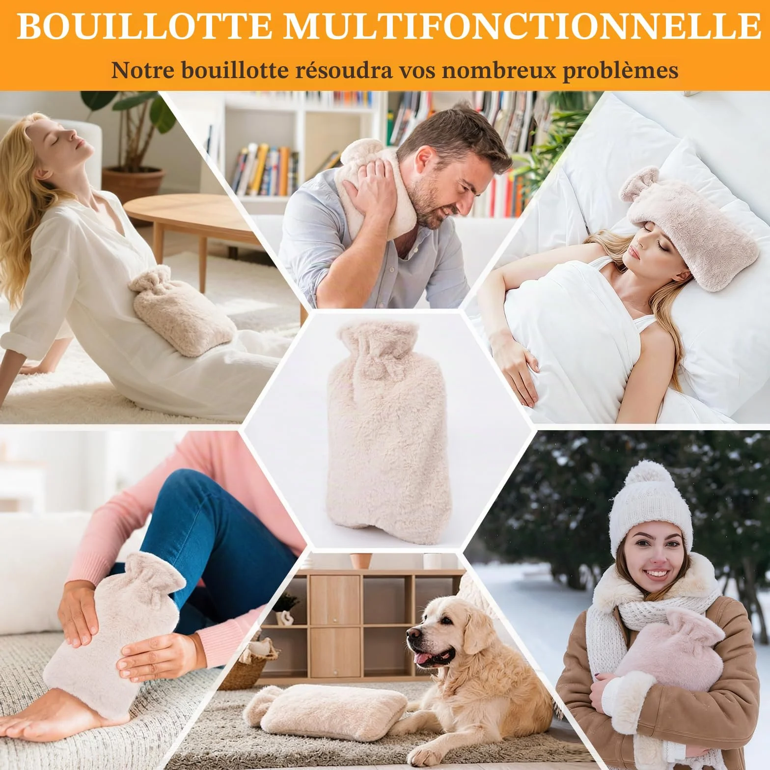 Bouillotte Eau Chaude 2L avec Housse en Peluche Antifuite Chauffe Main Ventre Cou