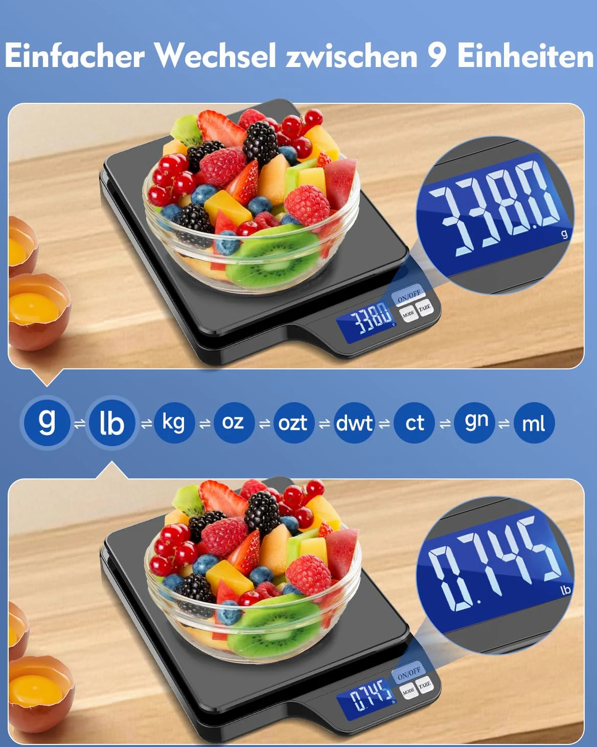 Balance de cuisine numérique - Chargement USB - Fonction tare - 5 kg/0,1 g - Grande balance de cuisine en acier inoxydable - Pour la cuisson et la cuisson - Mesure des ingrédients, des bijoux, etc