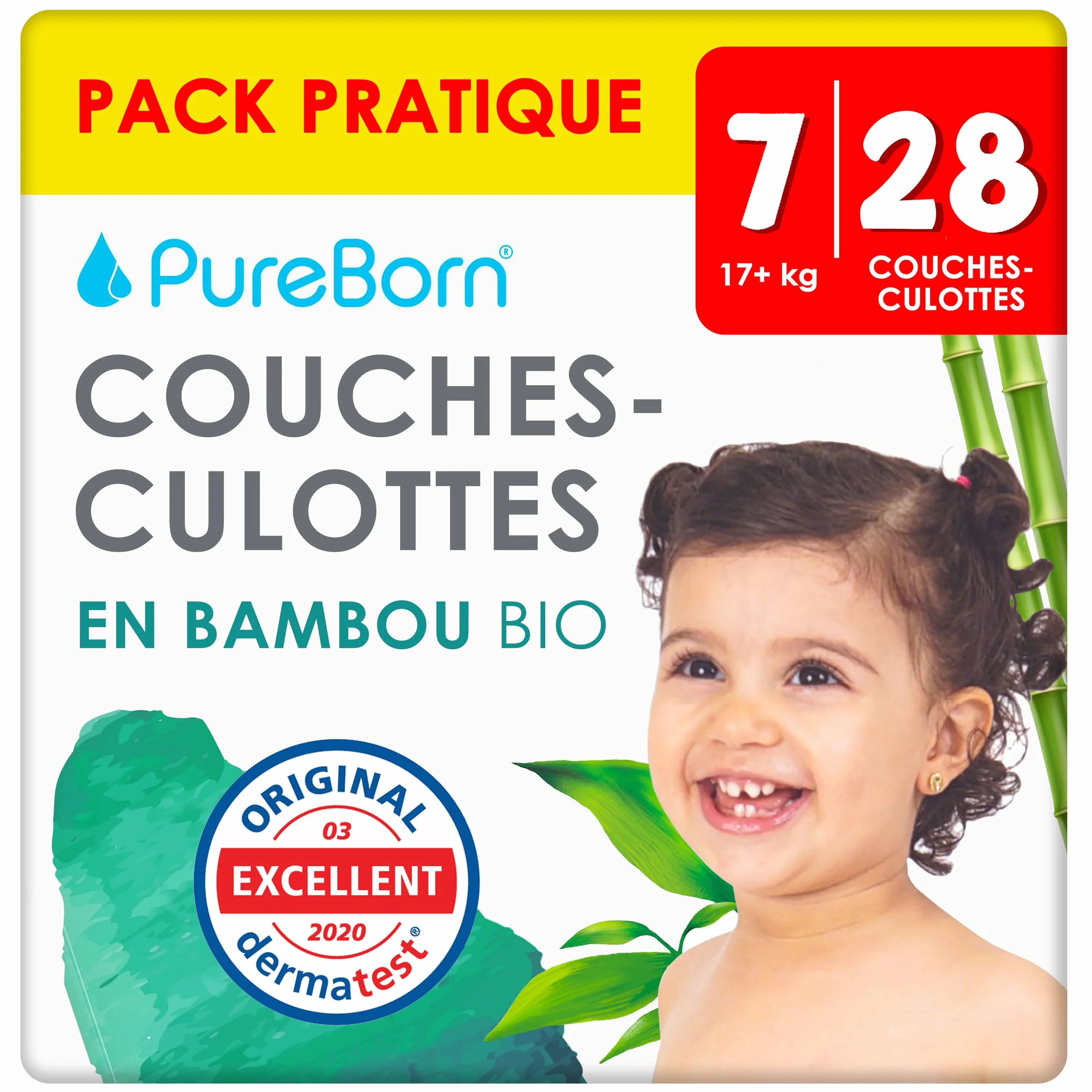 PureBorn Couches Culottes Taille 7 (17+ kg) Ultra-Absorbantes Hypoallergéniques Anti-fuites Bambou Naturel