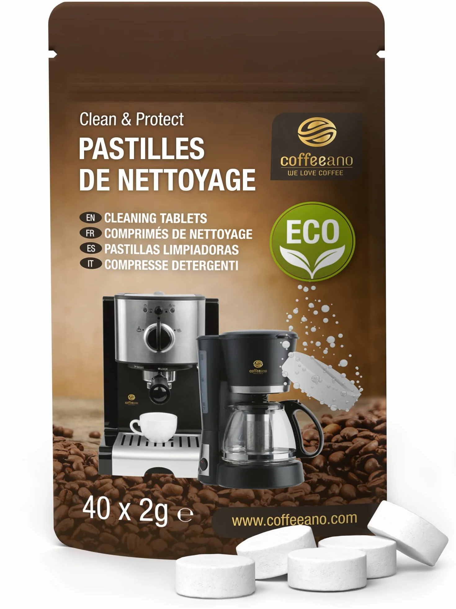 Pastilles de nettoyage pour machines à café Jura, Krups, Melitta, Delonghi, Siemens, Philips, Bosch, Tassimo, Nespresso, Sage, Senseo - Coffeeano