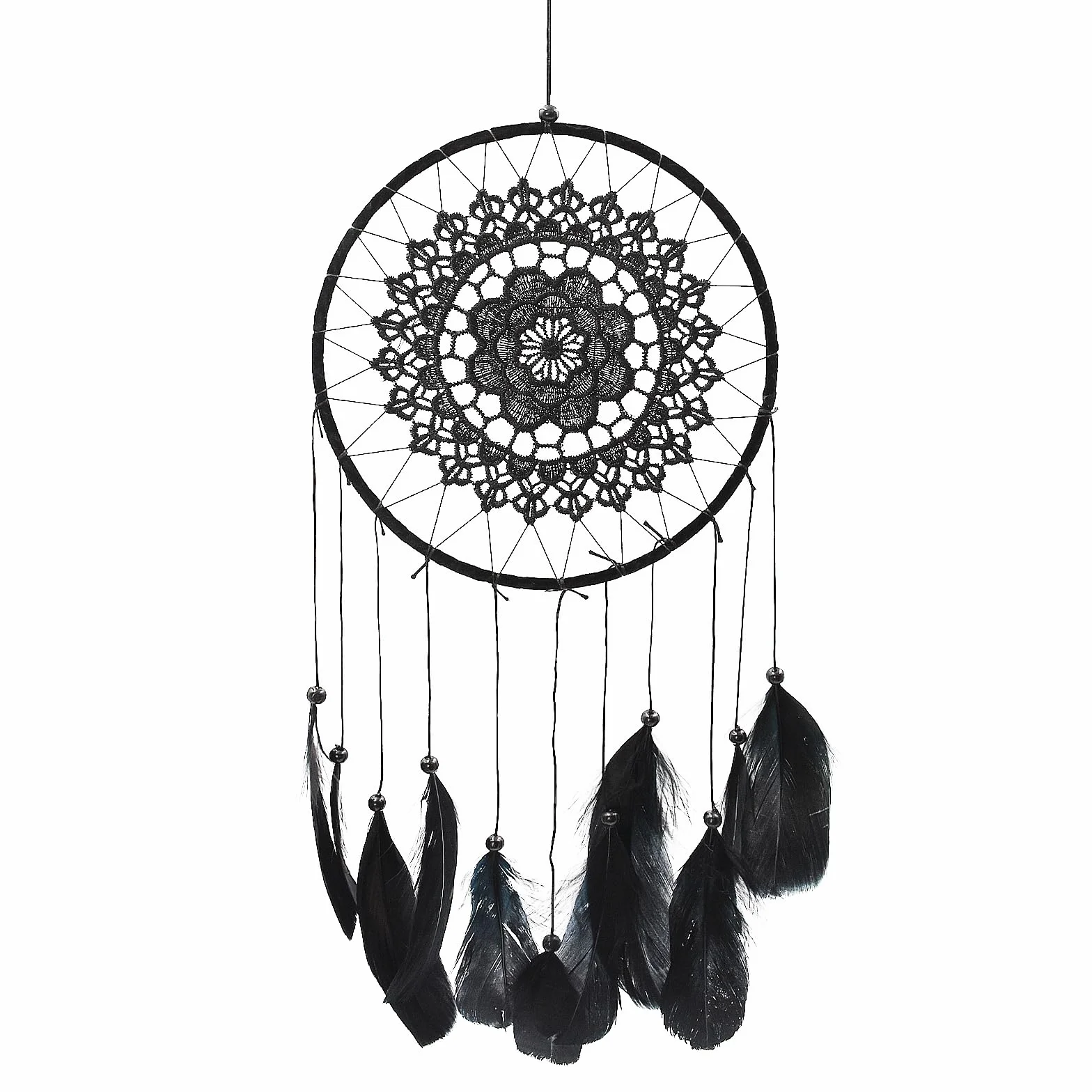 Attrape Rêve Fait à la Main avec Plumes et Perles, Suspendu pour Chambre à Coucher, Cadeau Artisanal (Noir)