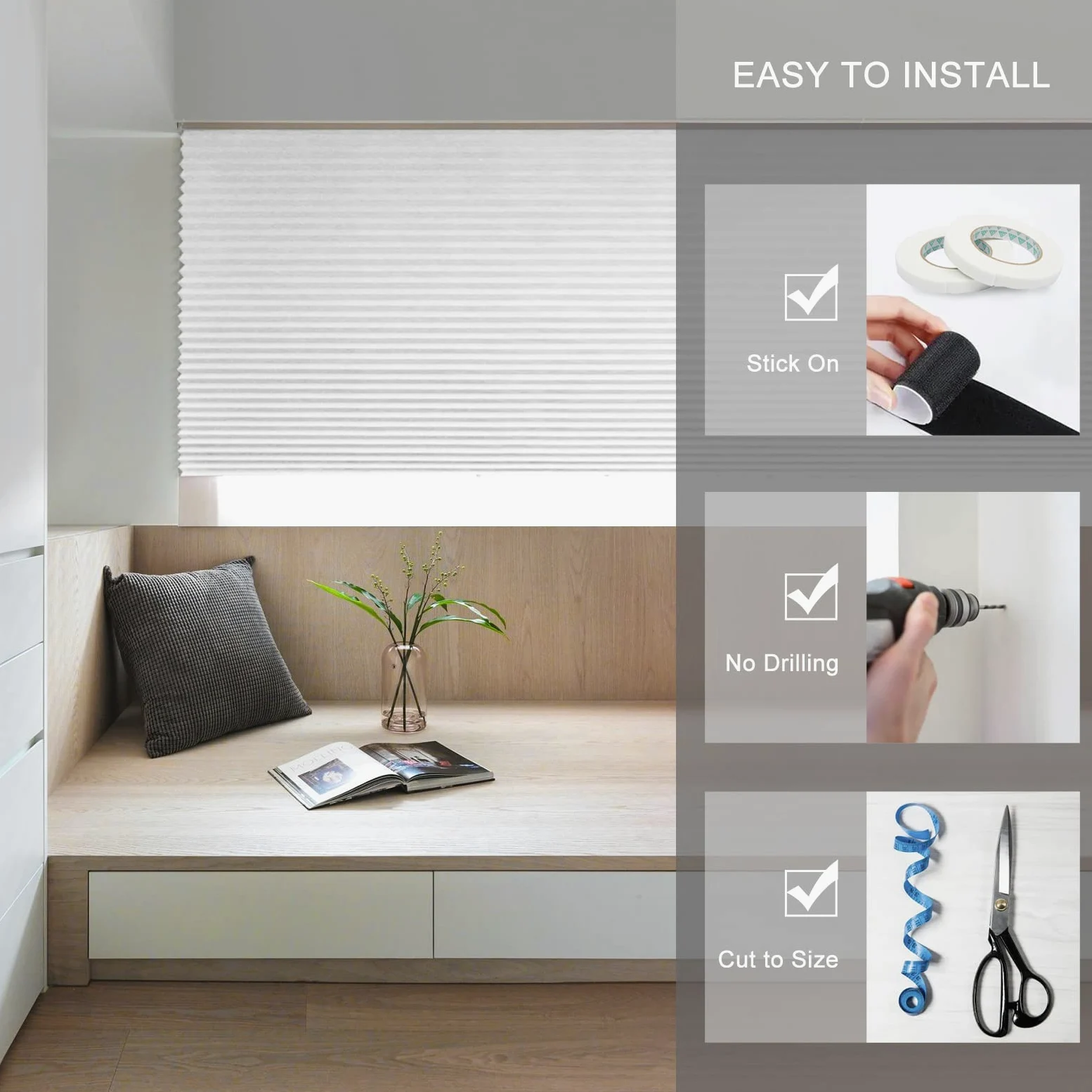 Stores de fenêtre sans perçage à clipser, stores de fenêtre à coller, stores plissés auto-adhésifs sans vis pour salle de bain, filtrage de la lumière et protection de la vie privée, stores plissés s