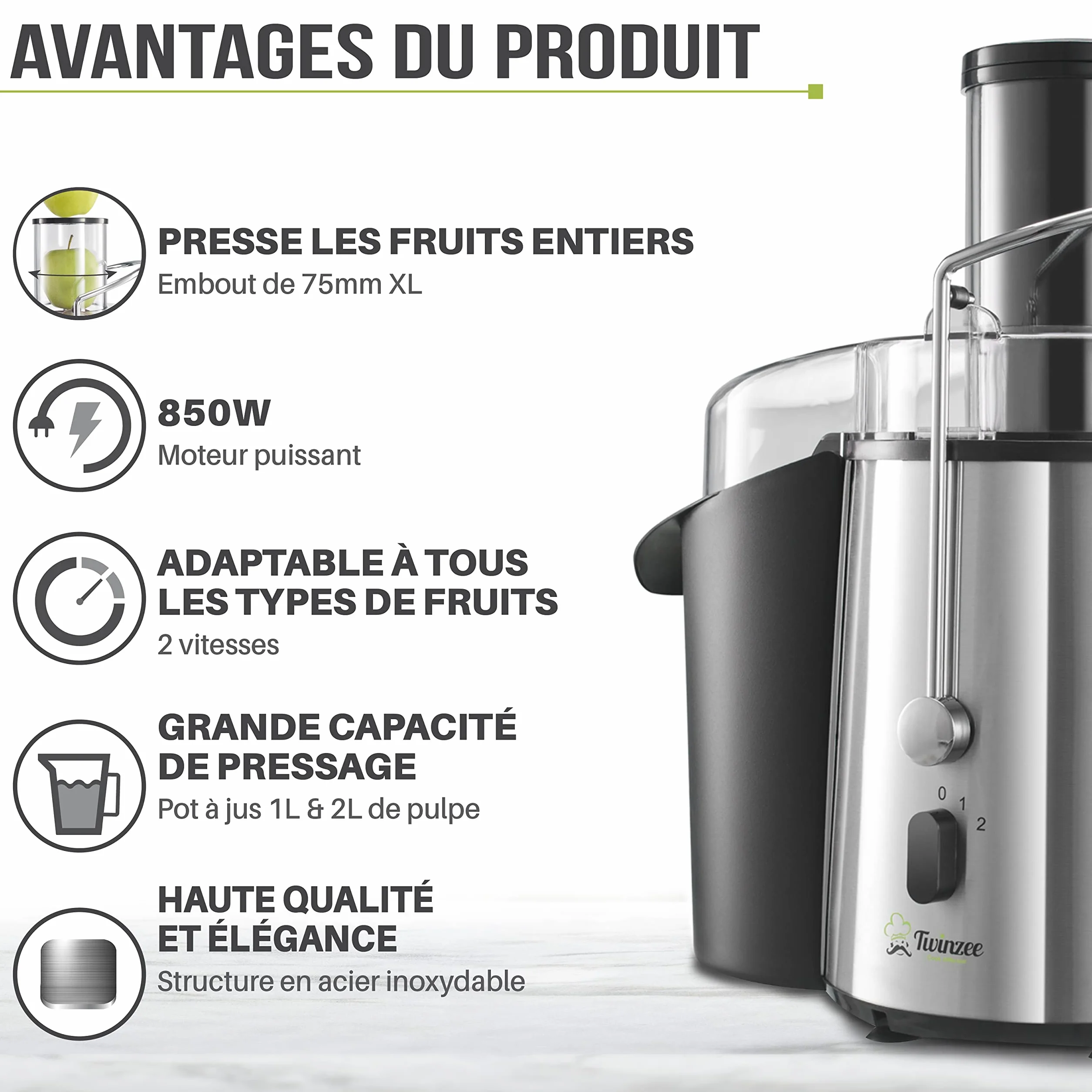 Twinzee Centrifugeuse Extracteur de Jus 850W, Large Bouche 75 mm - Fruits et Legumes