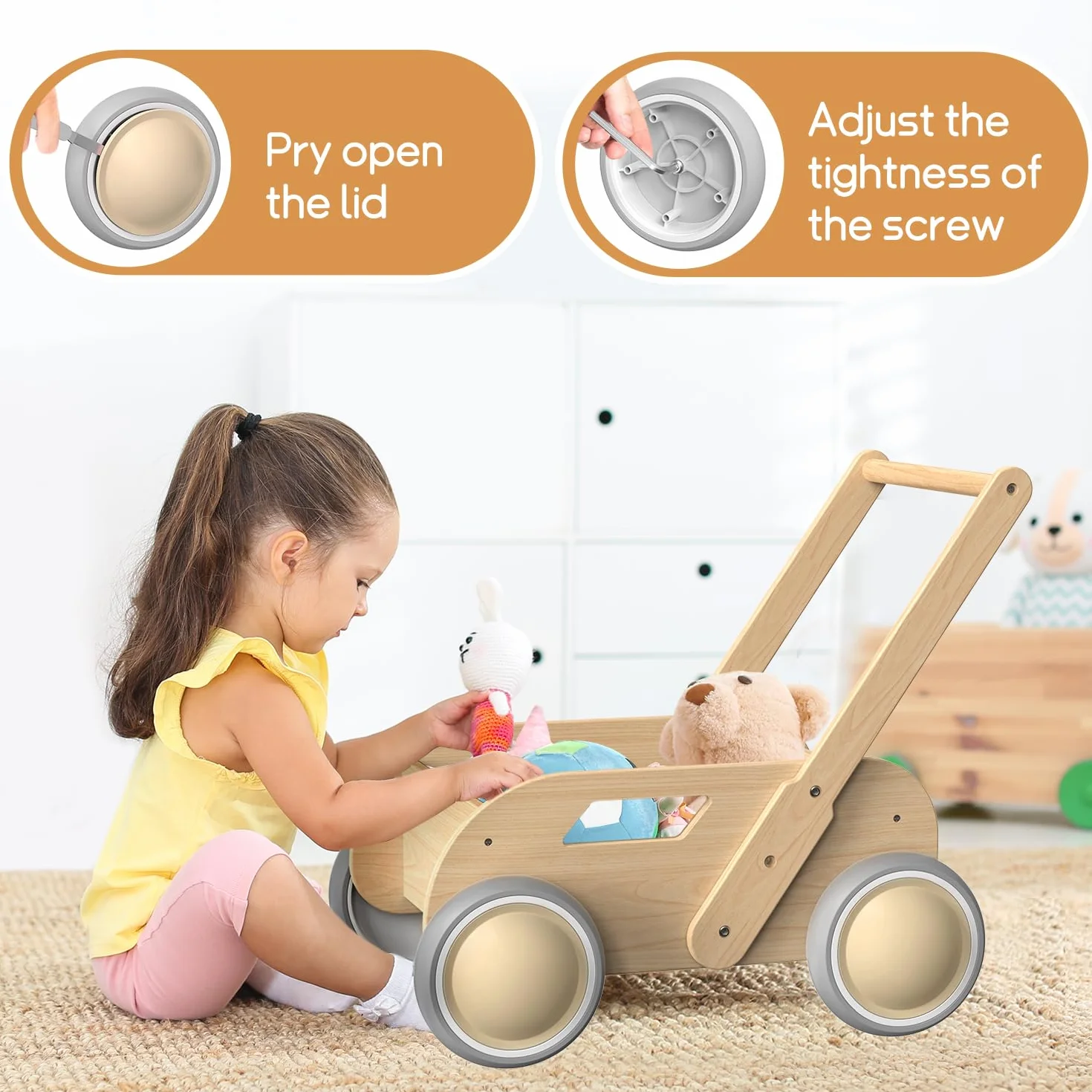 Trotteur Bébé en Bois, Chariot de Marche pour Garçons et Filles, Baby Walker avec Roues, Cadeau Anniversaire Noël