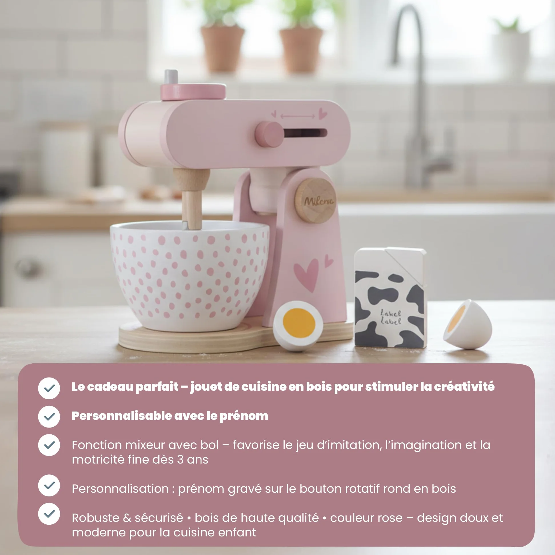 Robot de Cuisine en Bois Rose pour Enfants avec Fonction Mixeur et Bol Mélangeur Personnalisable Prénom Label Label