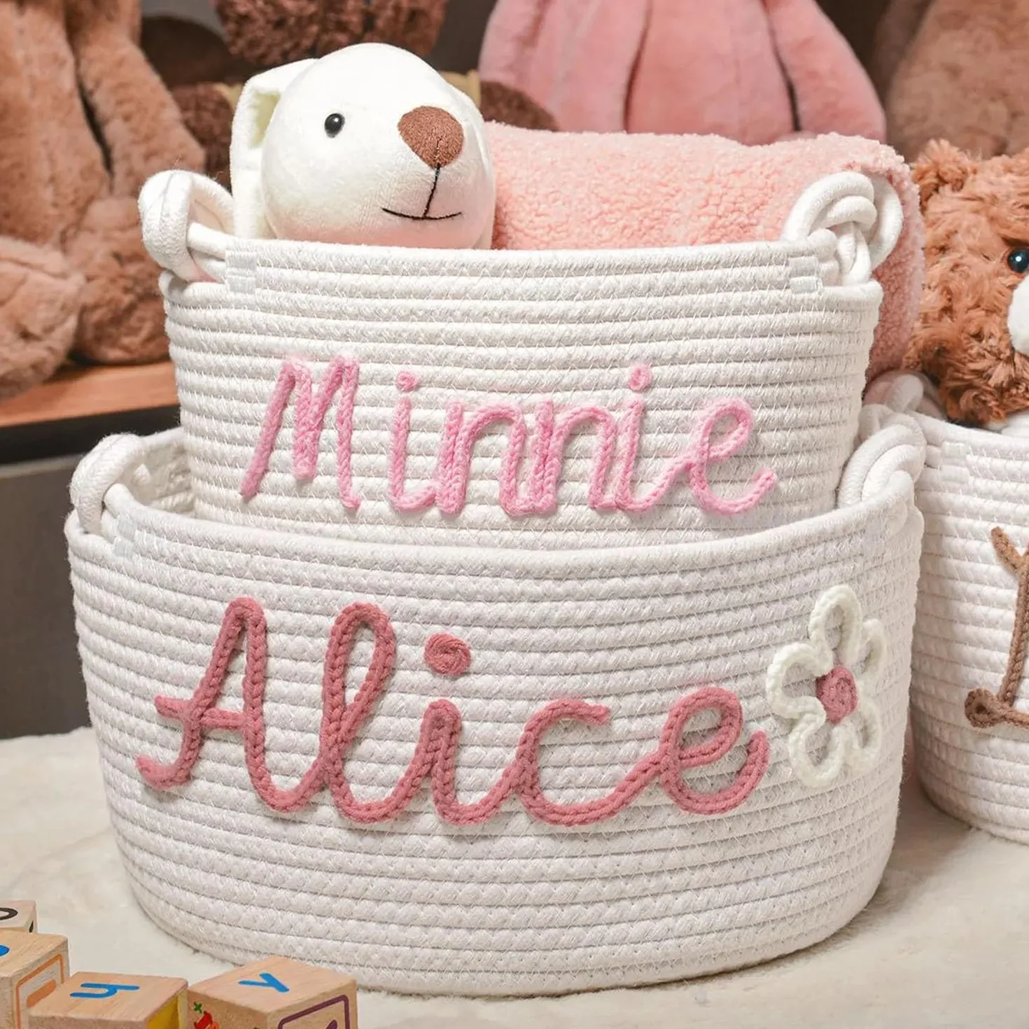 Panier Personnalisé Bébé Tissé Coton Organiseur Jouets Nouveau-né 35x13x19cm