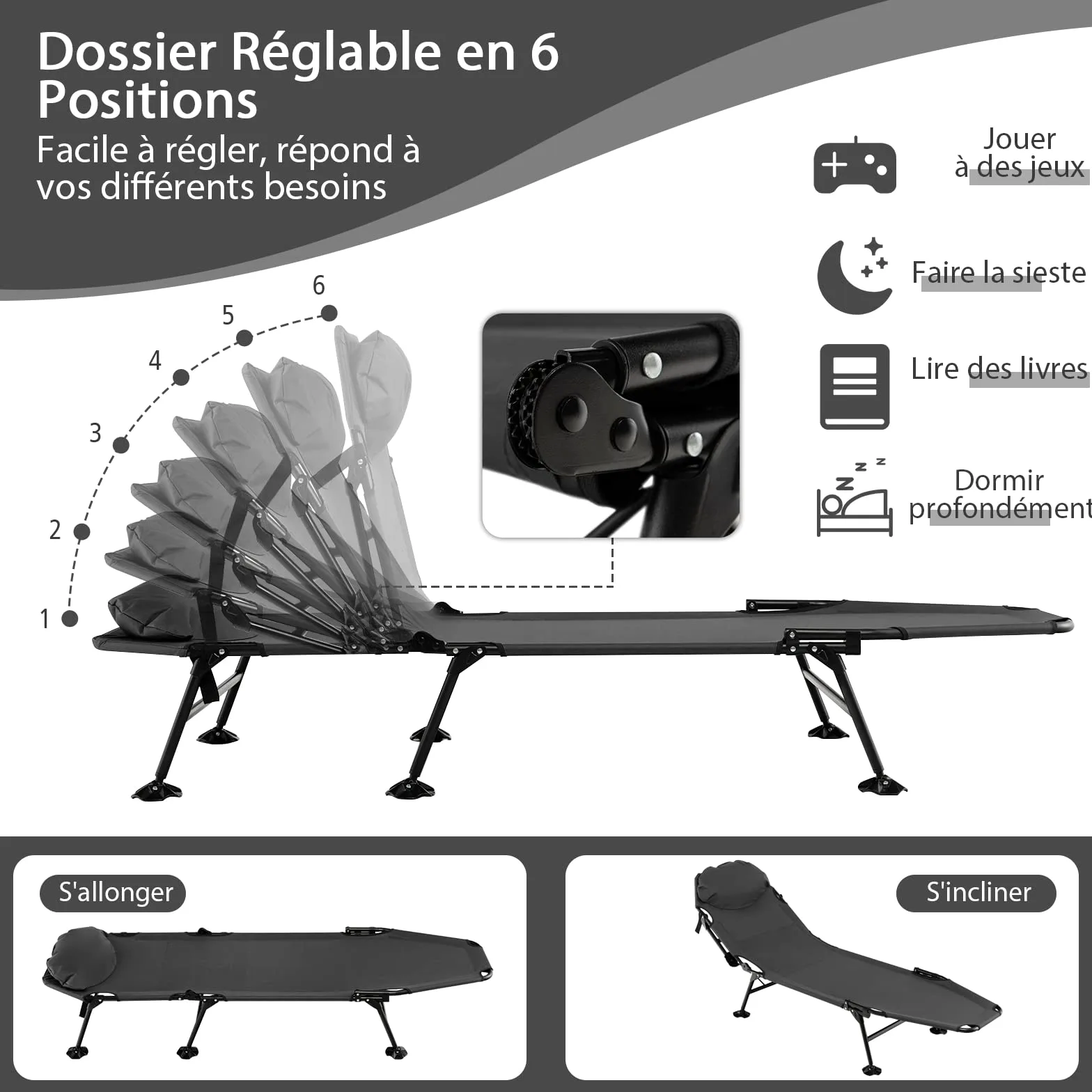 COSTWAY Lit de Camp Pliable 1 Personne, Lit Camping Pliant Portable Léger à Dossier Réglable 6 Positions, Lit de Camp Extérieur Intérieur Inclinable pour Bureau Maison Voyage, Charge 200 KG, Gris