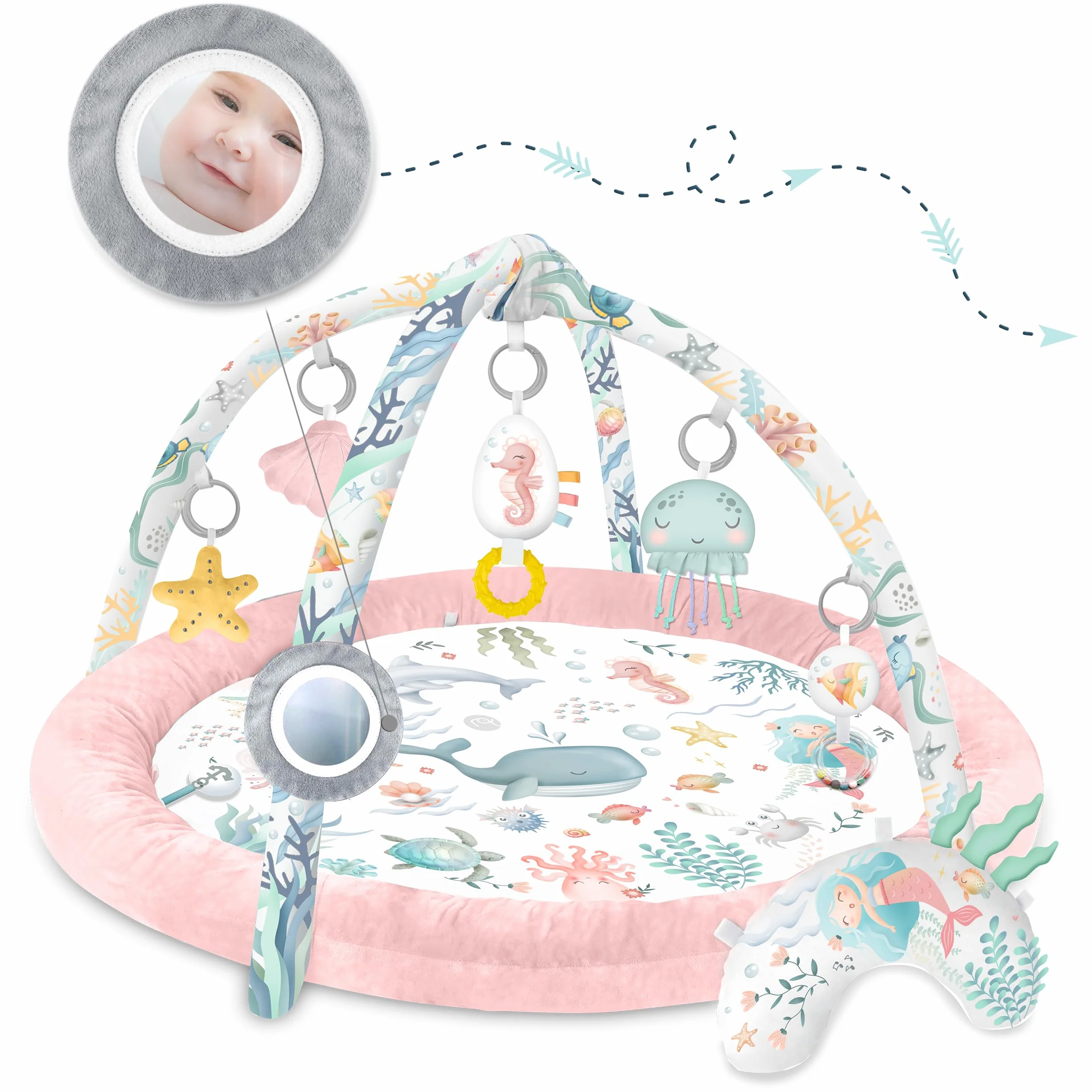 Nukido Tapis d'Éveil Bébé avec Arches Amovibles et 7 Jouets - Rose Océan