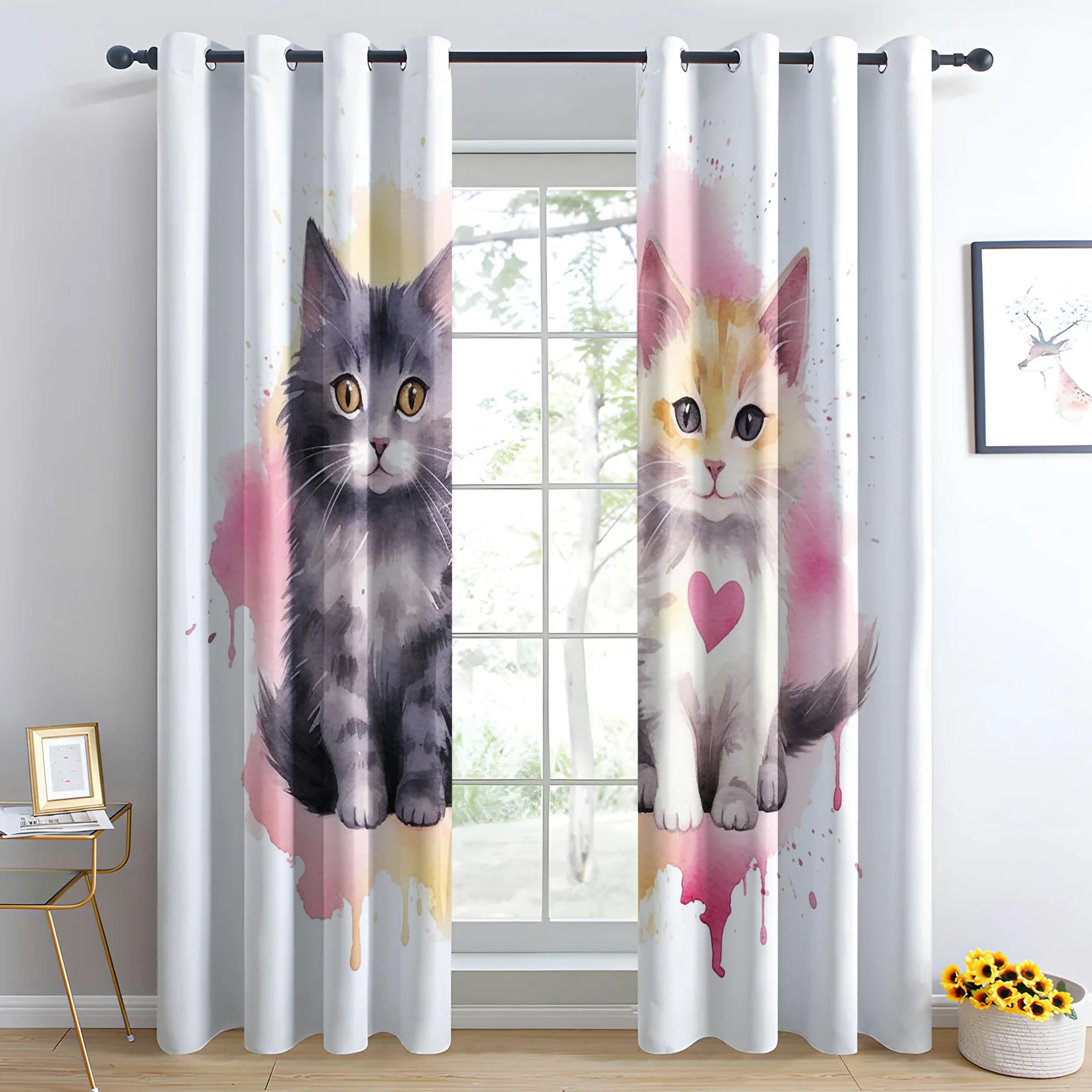 Rideau Occultant Chat Mignon, Chaton Motif Rideaux Thermiques à Oeillets, Rideaux Imprimé pour Salon Chambre Fenetre Moderne Décoration, 75x166 cm (L x H), Lot de 2
