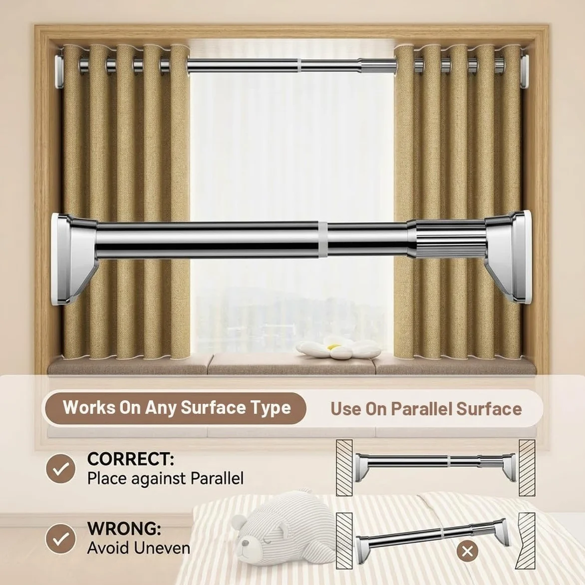 Tringle de Rideau de Douche Réglable Barre Télescopique Extensible 40-250 cm Tringle à Rideaux Tension Sans Percage pour Salle de Bain Cuisine(Blanc,1.1-2.0m/43in-79in)