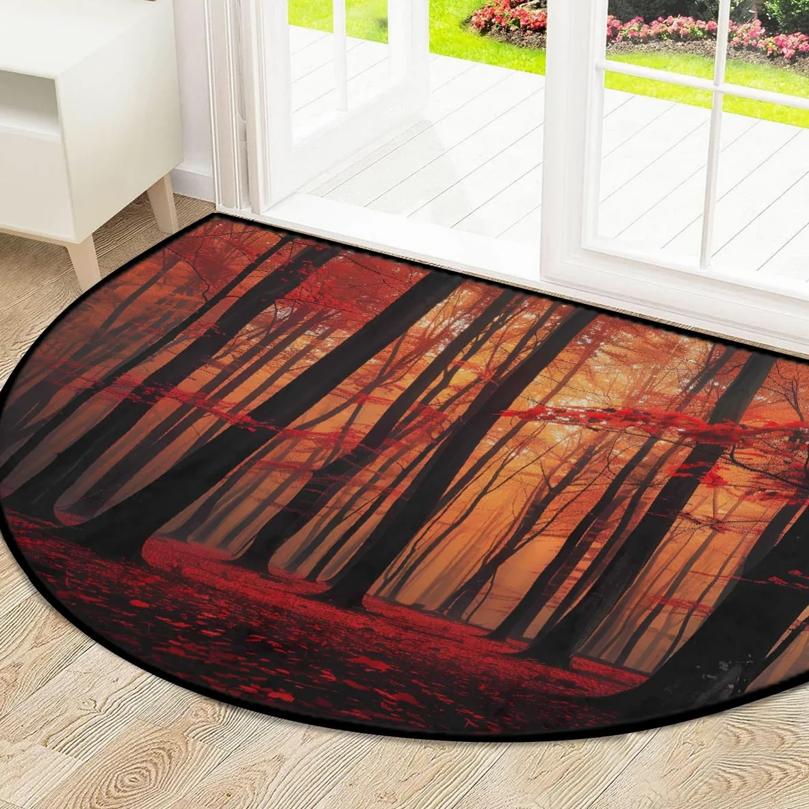 Mexpekil Paillasson demi-lune d'automne en forme de forêt rouge pour intérieur et extérieur, antidérapant, lavable, absorbant, anti-saleté, 100 x 160 cm